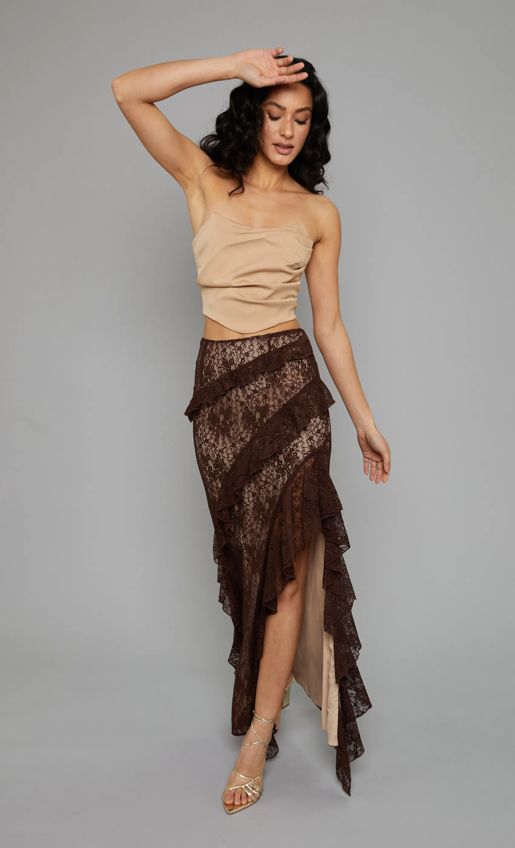 Coffee Ruffle Lace Maxi Skirt