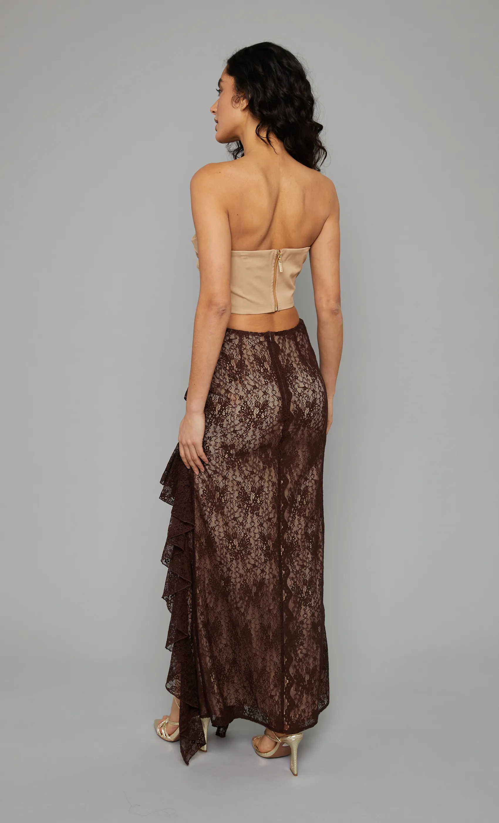 Coffee Ruffle Lace Maxi Skirt