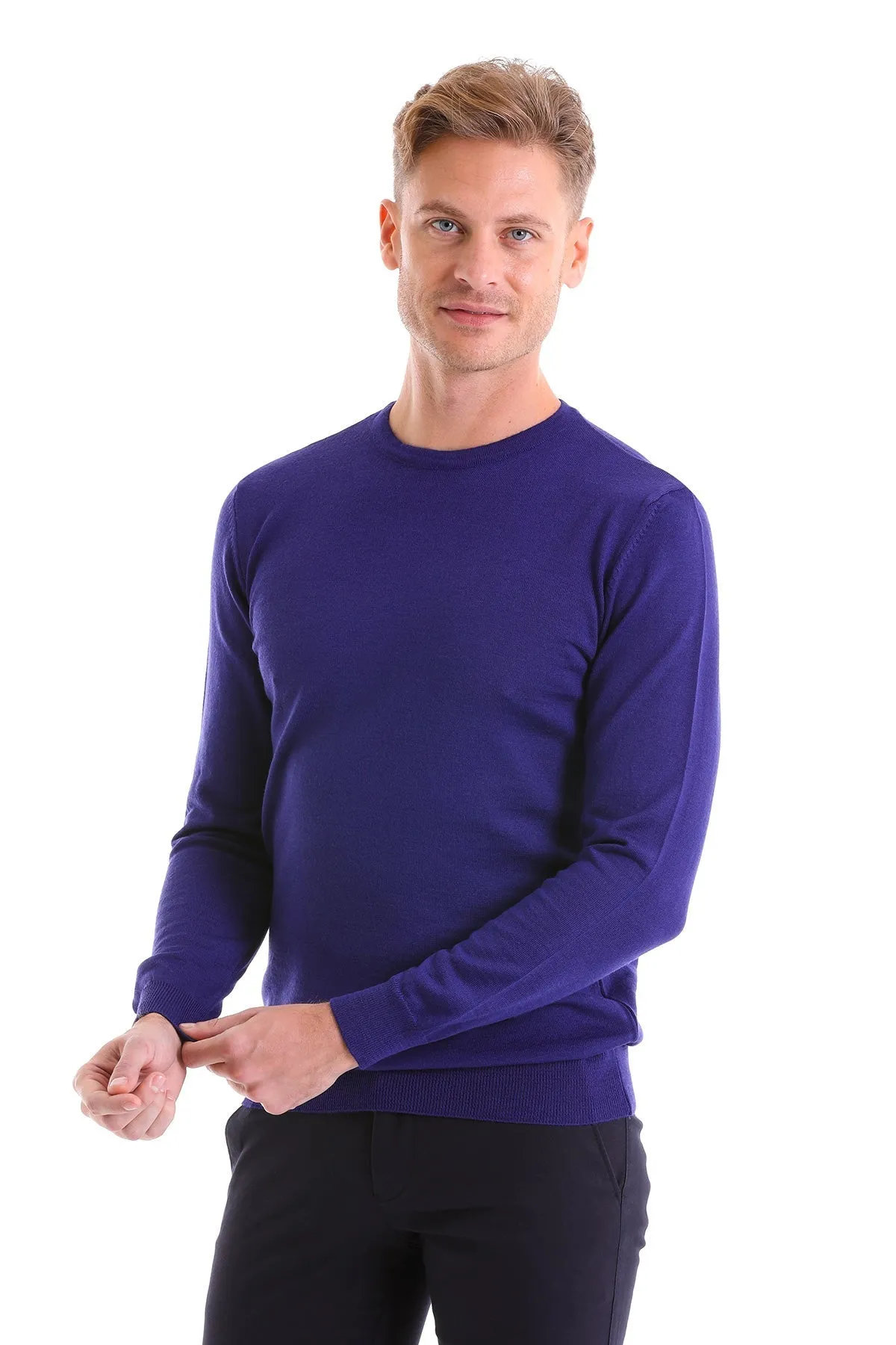 Comfort Fit Wool Blend Sax Blue Crewneck Sweater