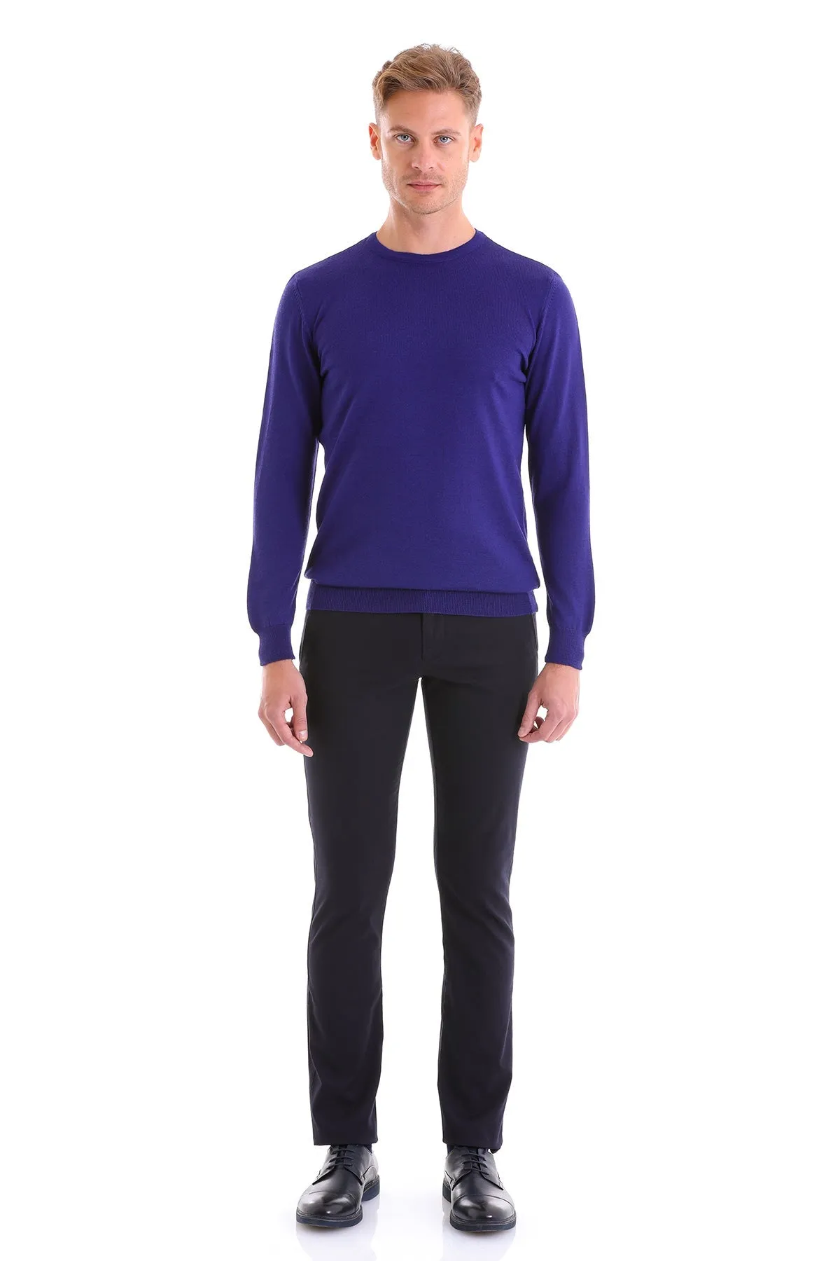 Comfort Fit Wool Blend Sax Blue Crewneck Sweater