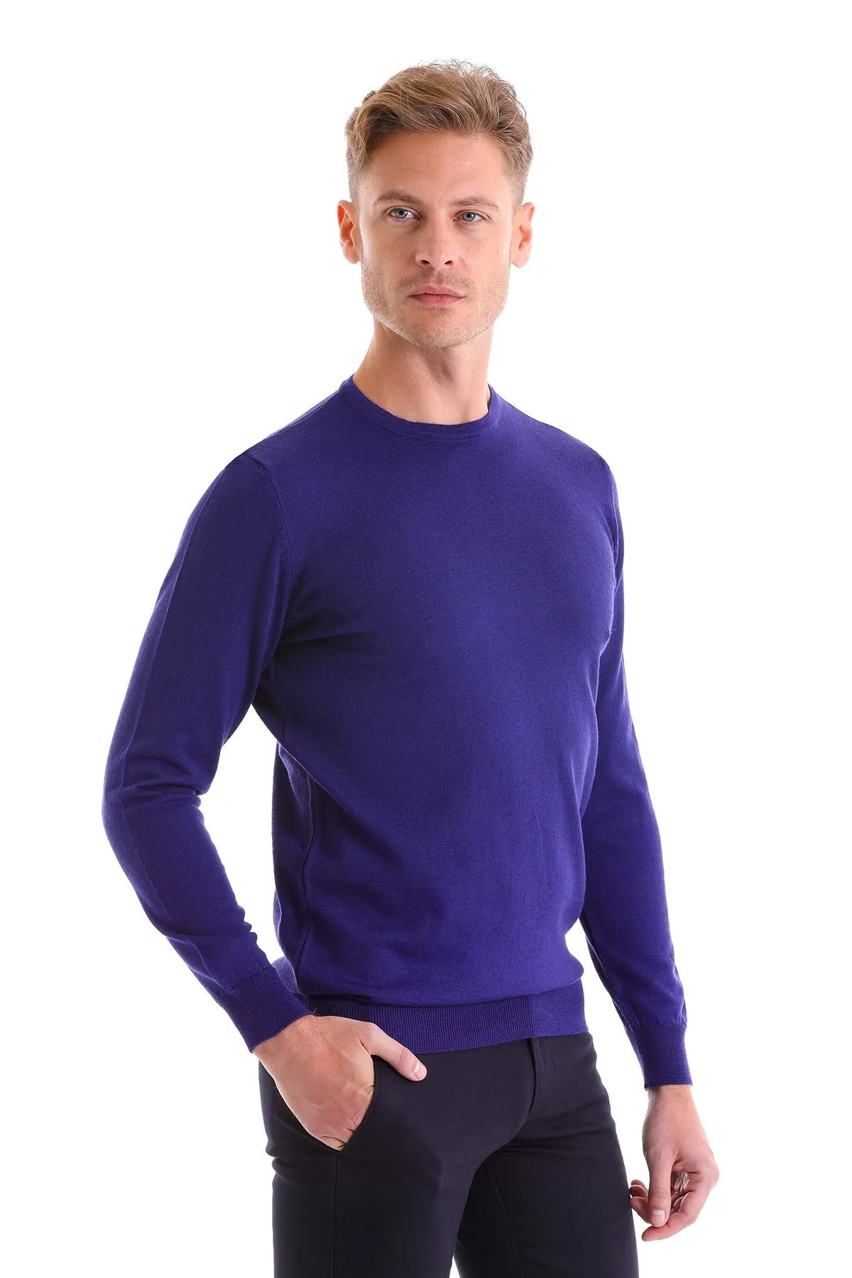 Comfort Fit Wool Blend Sax Blue Crewneck Sweater