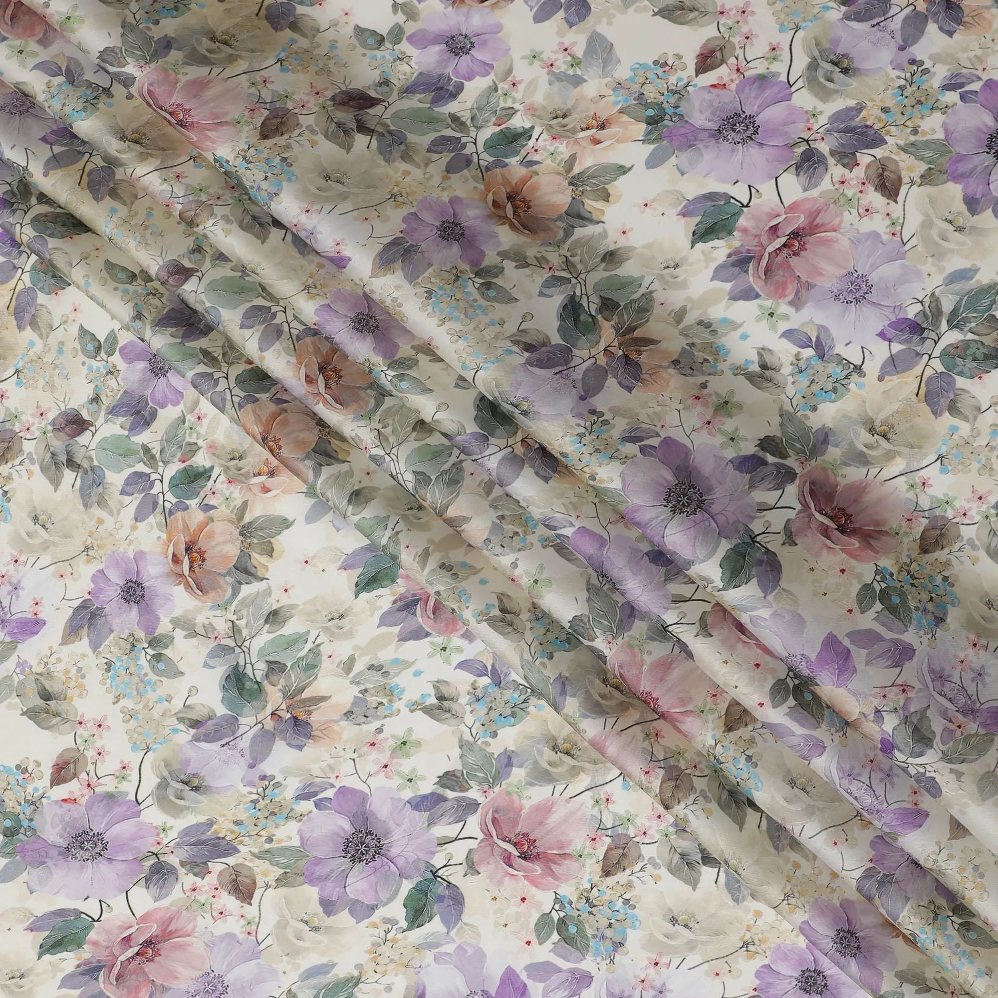 Cream synthetic organza fabric with multicolor print in floral design-D16760