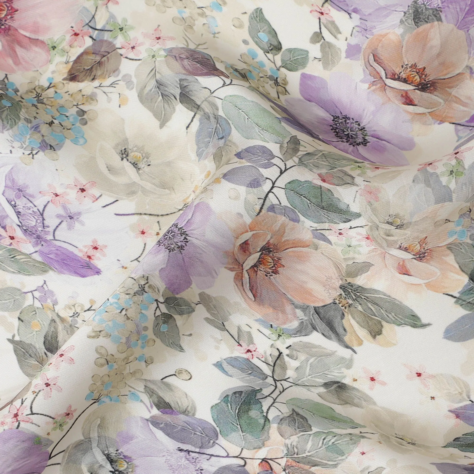 Cream synthetic organza fabric with multicolor print in floral design-D16760