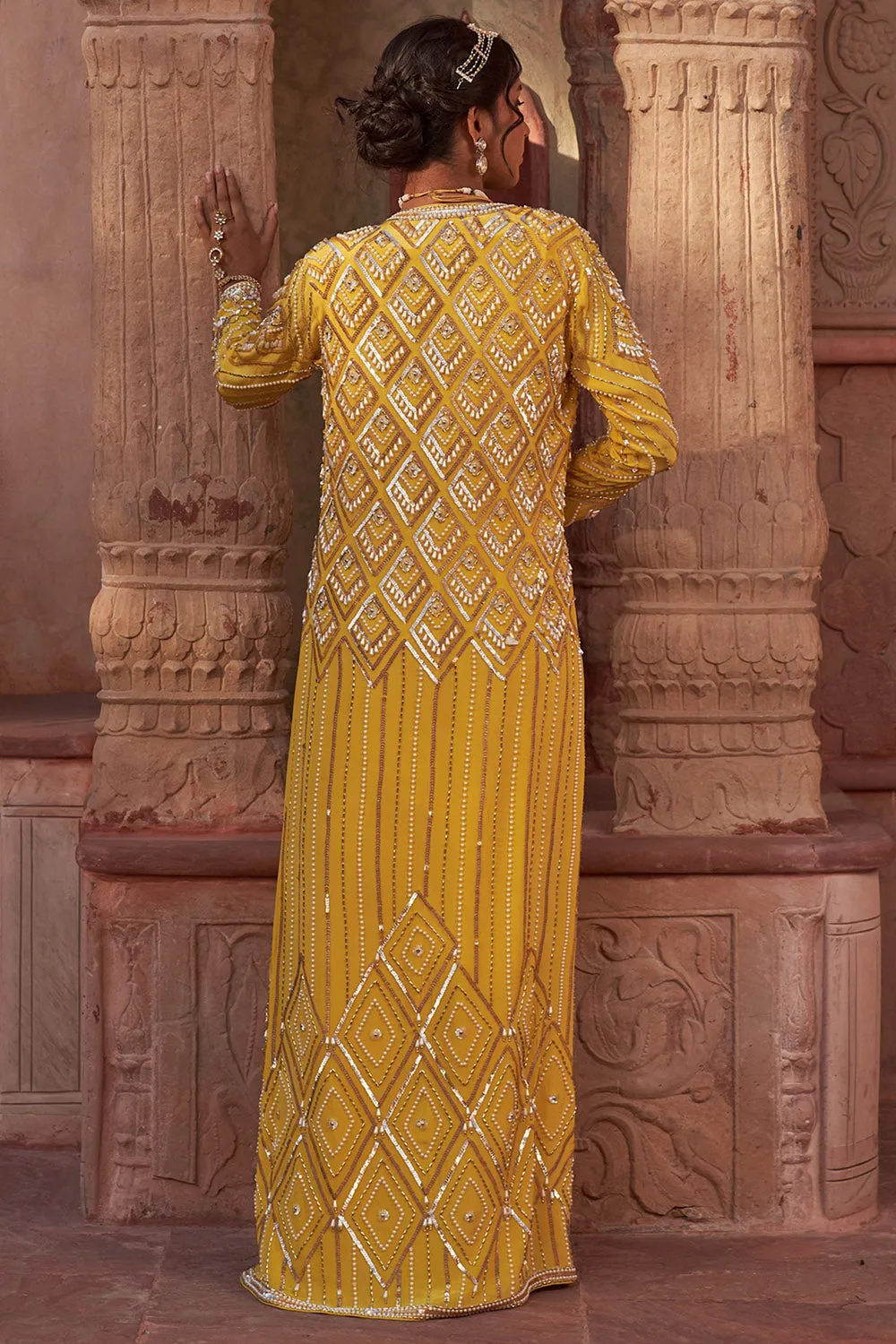 Crepe & Georgette Yellow Embroidered Jacket Saree Set