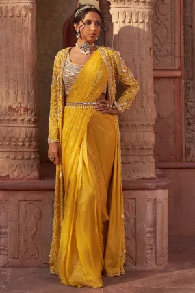 Crepe & Georgette Yellow Embroidered Jacket Saree Set