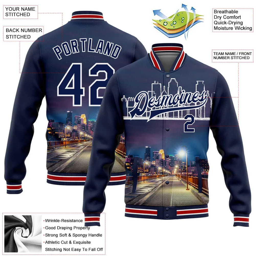 Custom Navy White Minneapolis Minnesota City Edition 3D Bomber Full-Snap Varsity Letterman Jacket