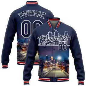 Custom Navy White Minneapolis Minnesota City Edition 3D Bomber Full-Snap Varsity Letterman Jacket