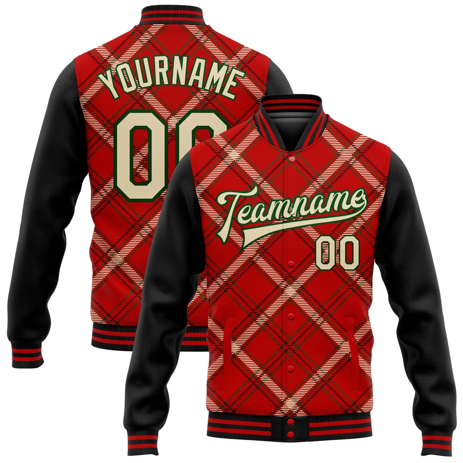 Custom Red City Cream Black-Green Check Board 3D Pattern Design Bomber Full-Snap Varsity Letterman Jacket