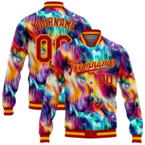 Custom Red Gold Abstract Rainbow Liquid Trippy 3D Pattern Design Bomber Full-Snap Varsity Letterman Jacket