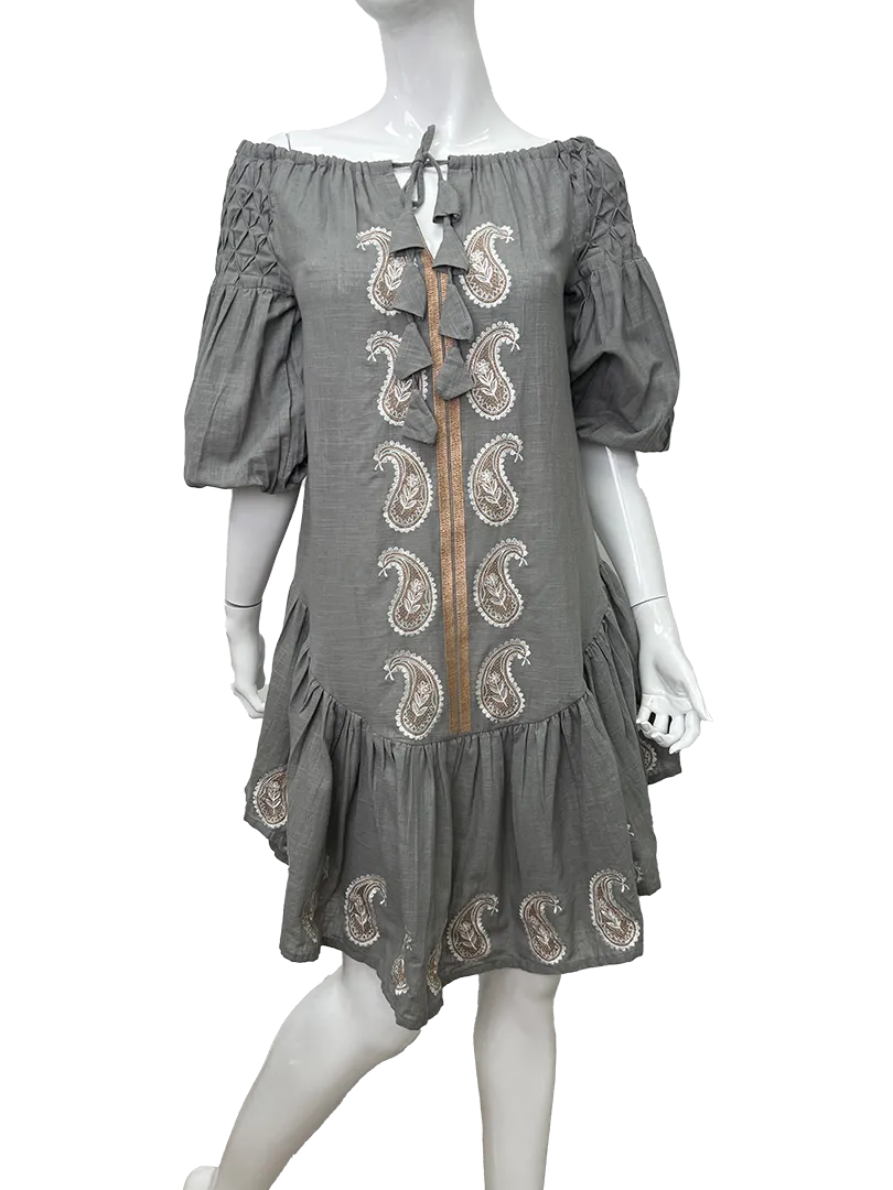 Dalia linen dress with rose gold paisley embroidery