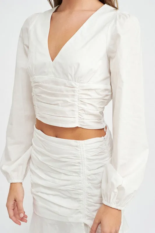 Deep-V-Neckline Shirred Crop Top