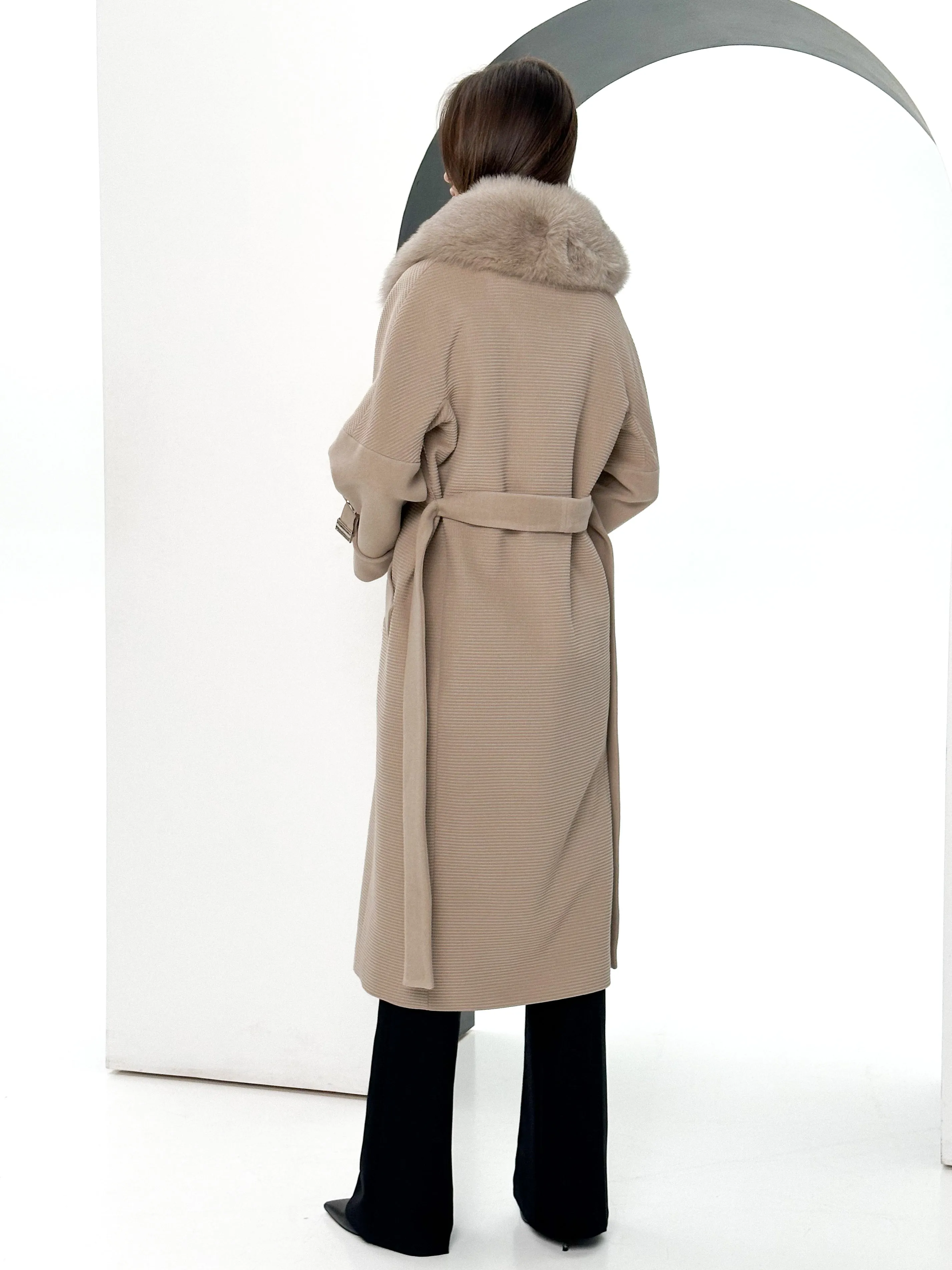 Derby Genuine Polar Fox Textured Cashmere Wool Coat