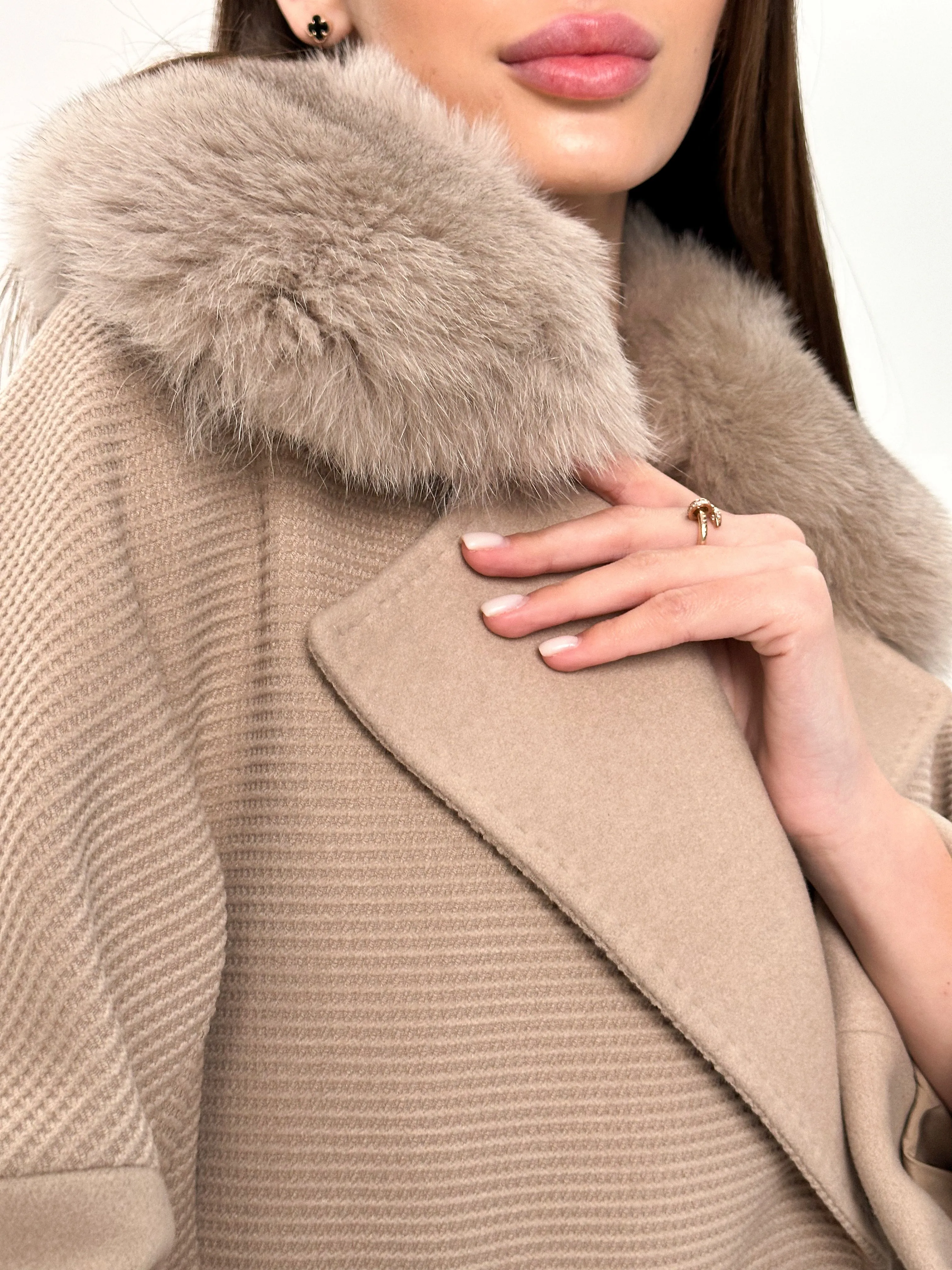 Derby Genuine Polar Fox Textured Cashmere Wool Coat