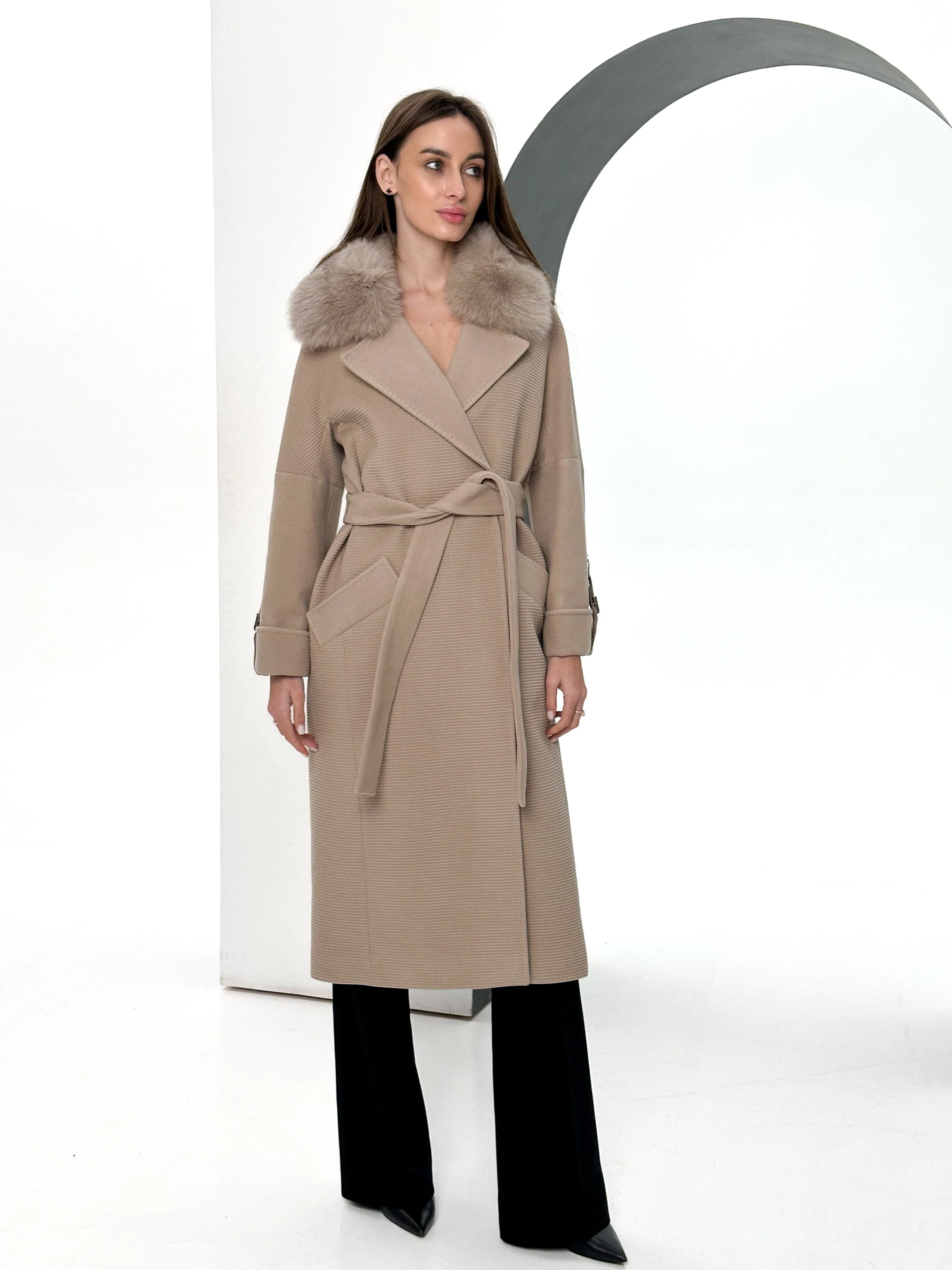 Derby Genuine Polar Fox Textured Cashmere Wool Coat