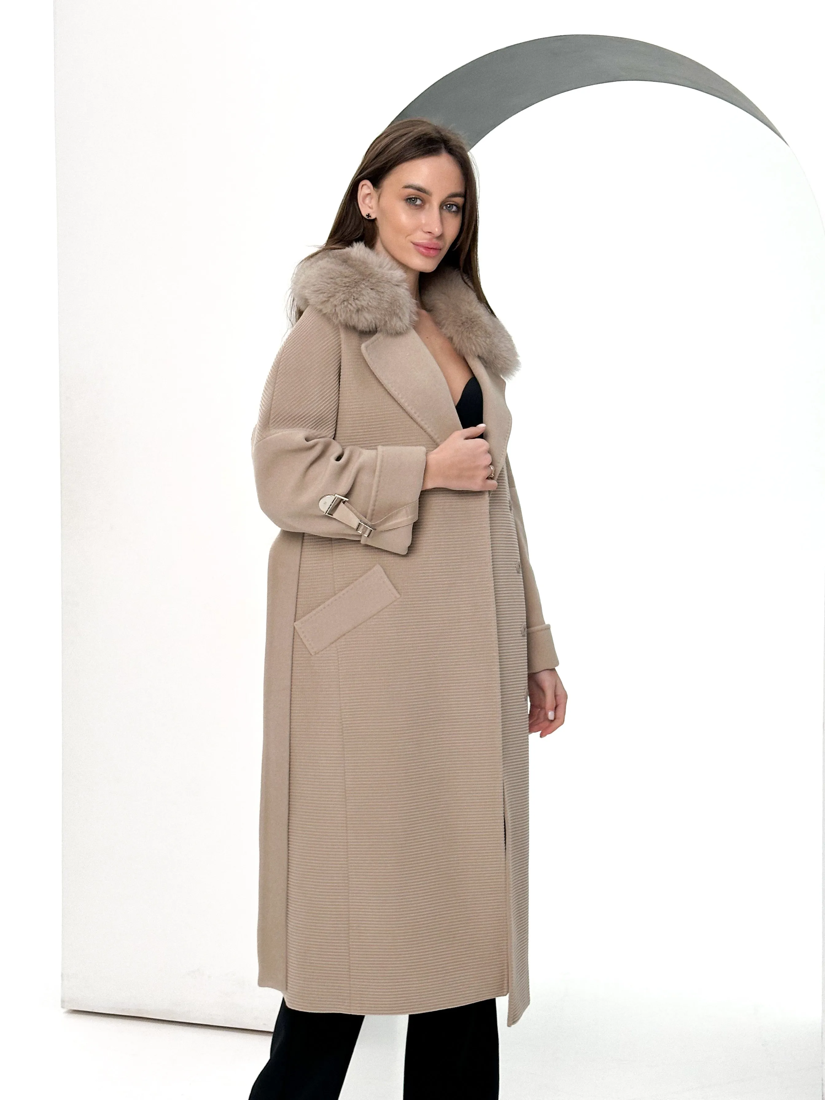 Derby Genuine Polar Fox Textured Cashmere Wool Coat