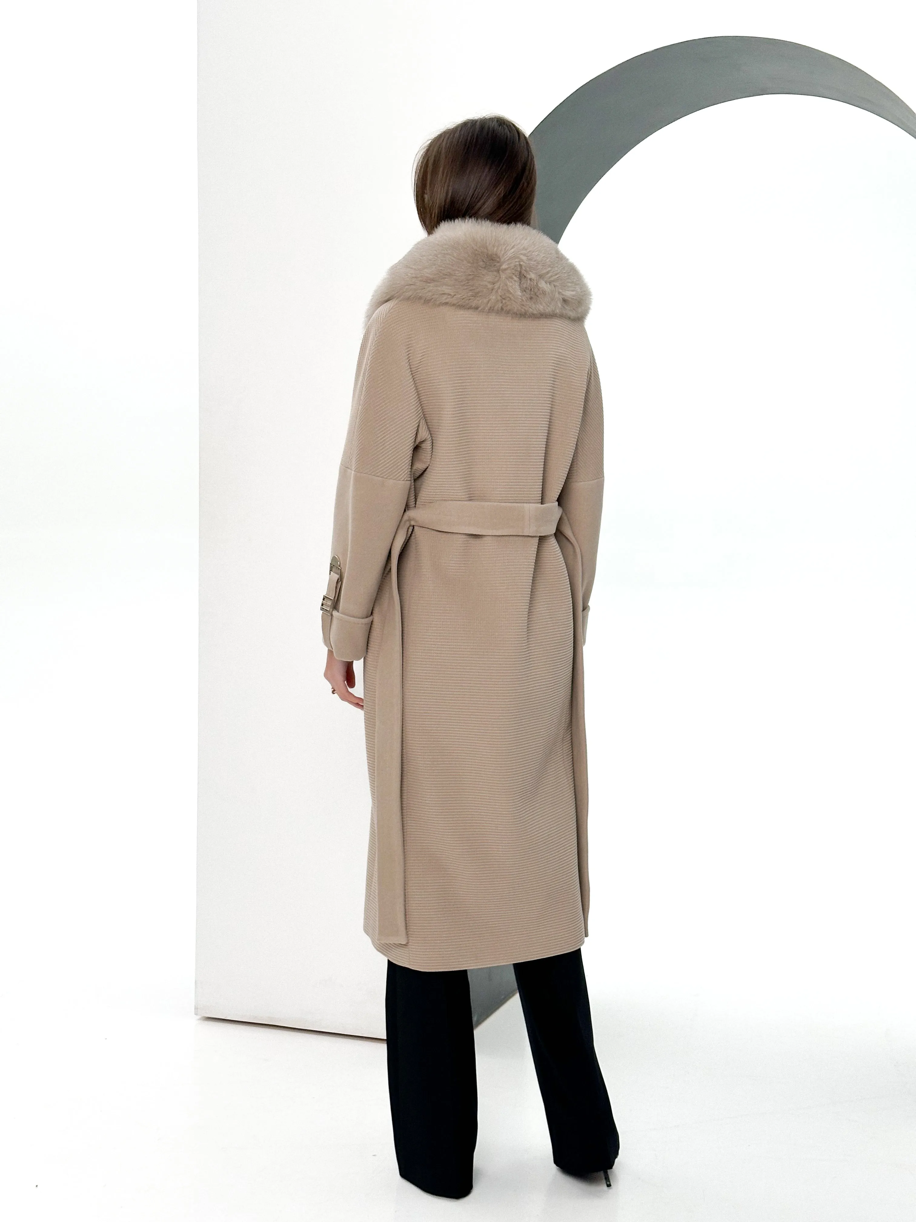 Derby Genuine Polar Fox Textured Cashmere Wool Coat