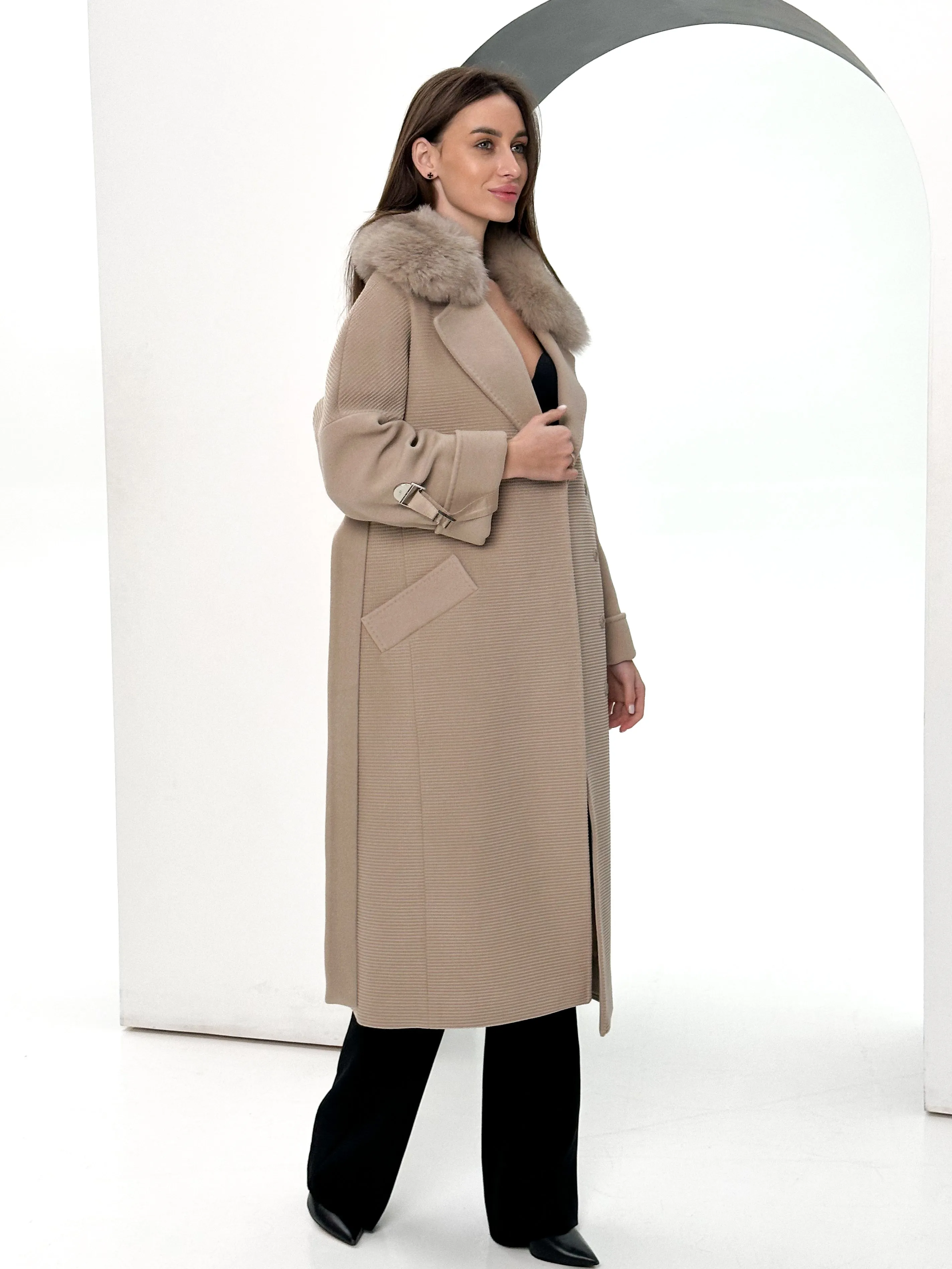 Derby Genuine Polar Fox Textured Cashmere Wool Coat