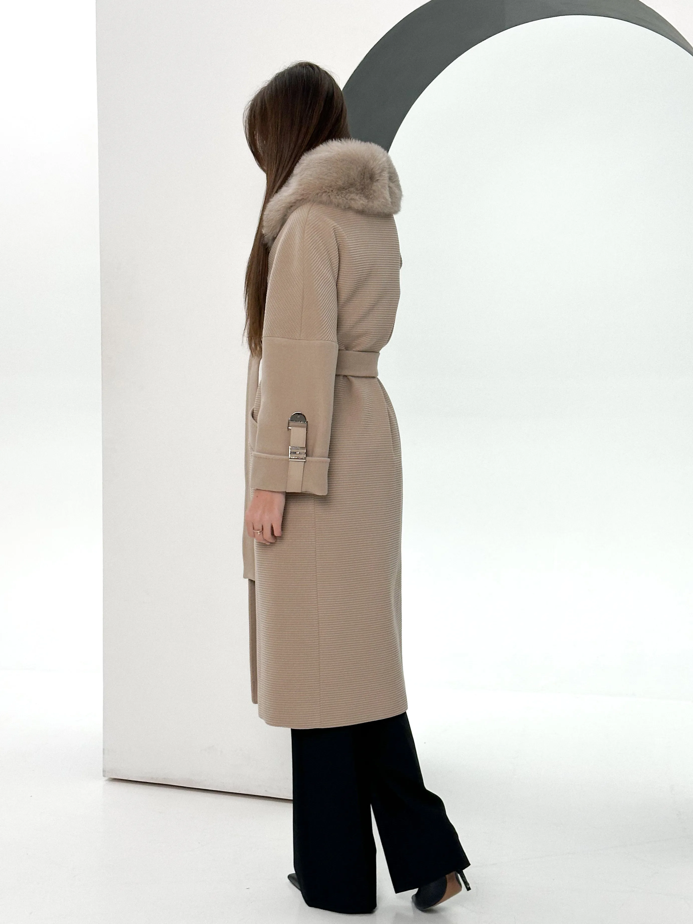 Derby Genuine Polar Fox Textured Cashmere Wool Coat