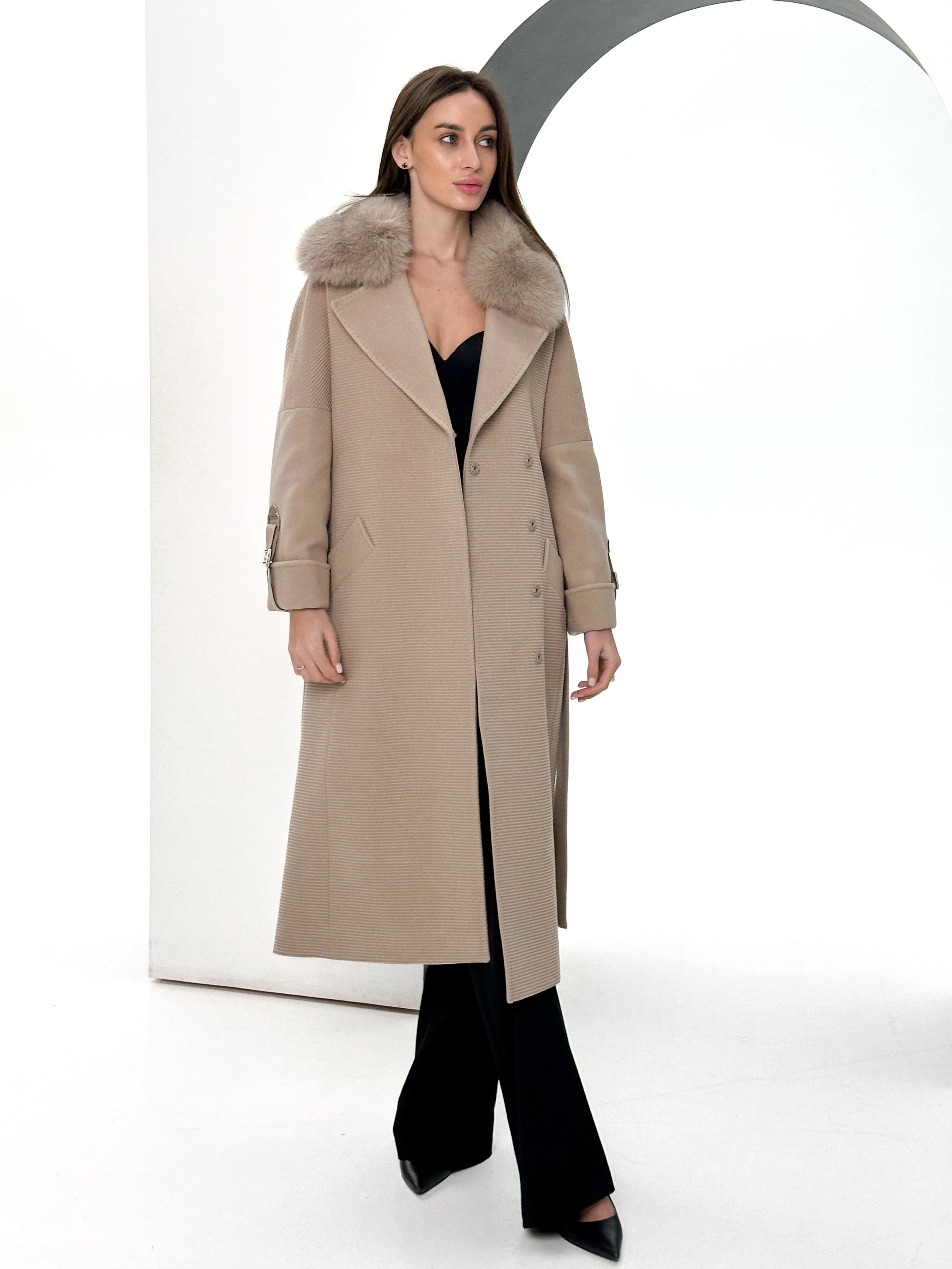 Derby Genuine Polar Fox Textured Cashmere Wool Coat