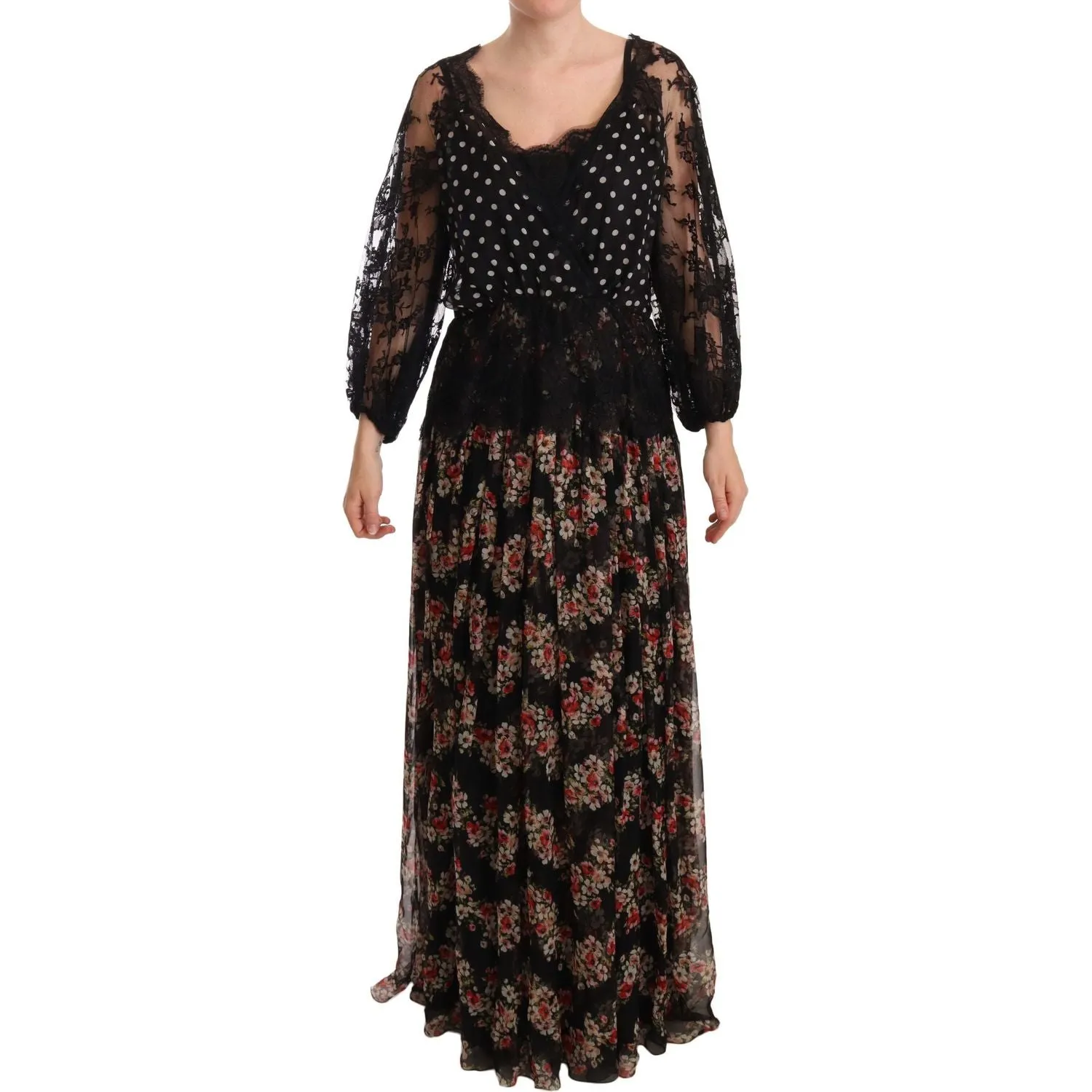 Dolce & Gabbana Elegant Lace Floral Maxi Dress with Polka Dots