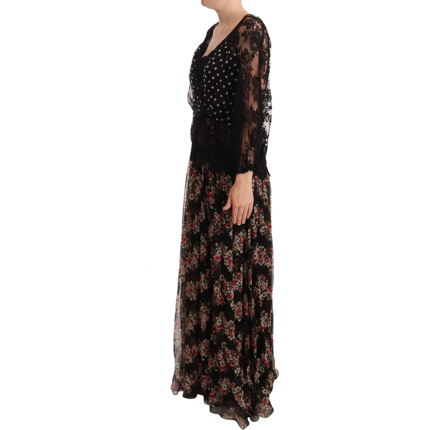 Dolce & Gabbana Elegant Lace Floral Maxi Dress with Polka Dots