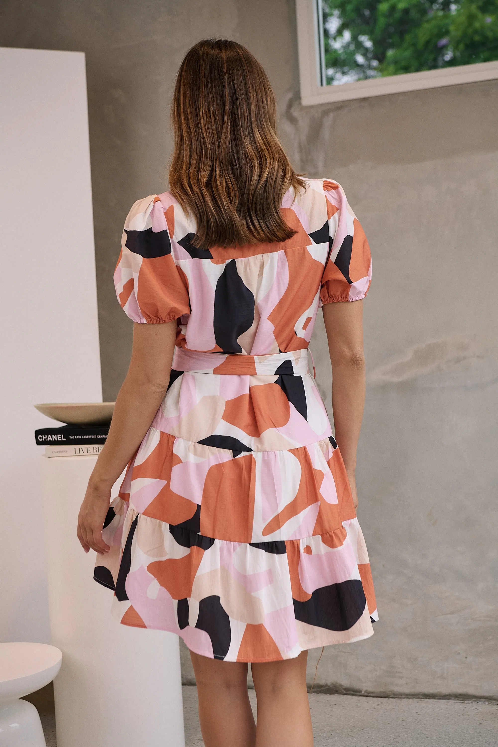 Donna Orange/Pink/Beige Abstract Frill Dress