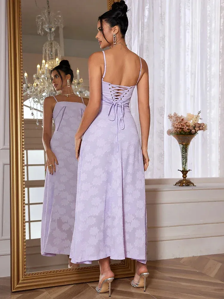 Dropshipping New Summer Elegant Maxi Dress 2024 New Arrival Purple Spaghetti Strap Wedding Guest Dress Lace Up Party Dresses