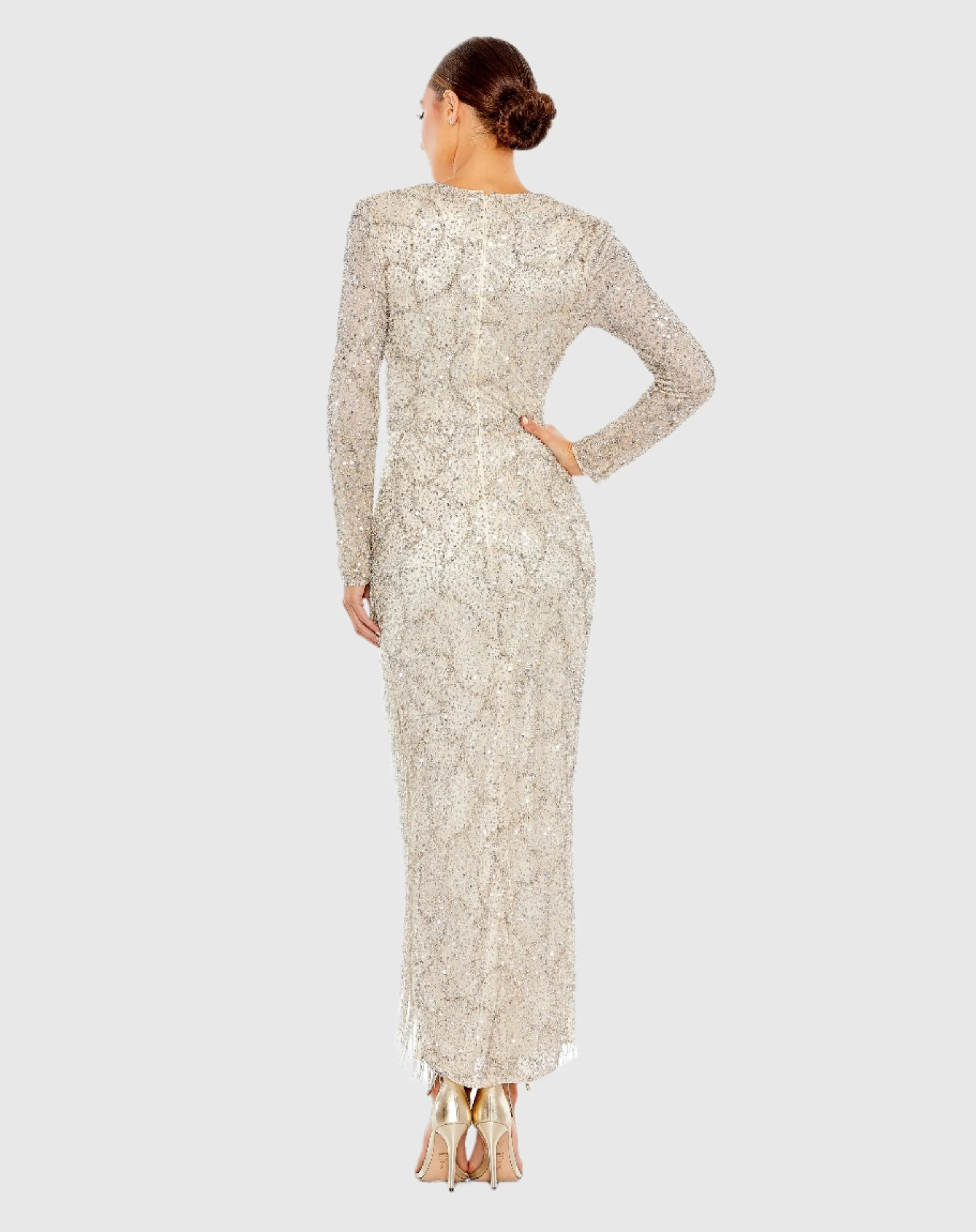 Embellished Long Sleeve V Neck Beaded Hem Gown