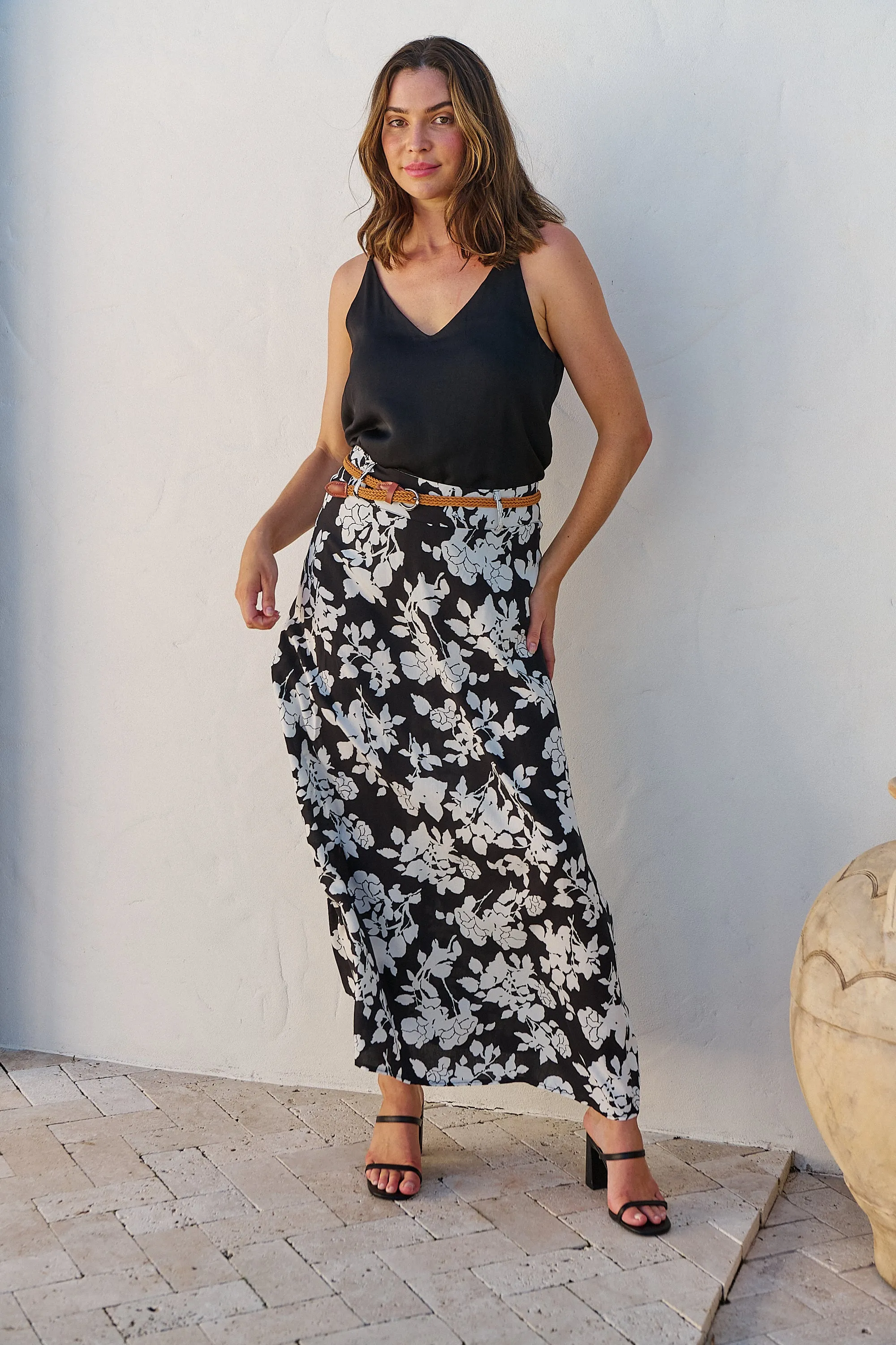 Esperence Black/White Floral Print Maxi Skirt