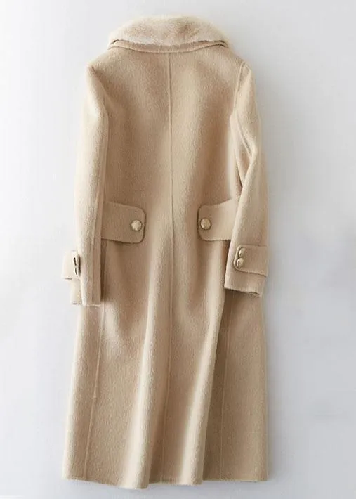 Fashion beige woolen outwear oversized long coats fur collar woolen outwear Notched