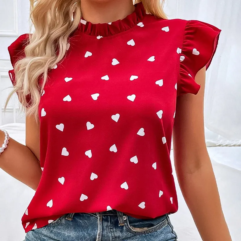 Fashion Chiffon Print Shirt Ruffled Round Neck Sleeveless Blouse