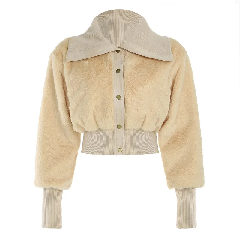 Fashionkova 2000s fashion 2024 Autumn and Winter Stitching Rib Breasted Furry Lapel Short Coat Women's Waist-Tight Cardigan Top