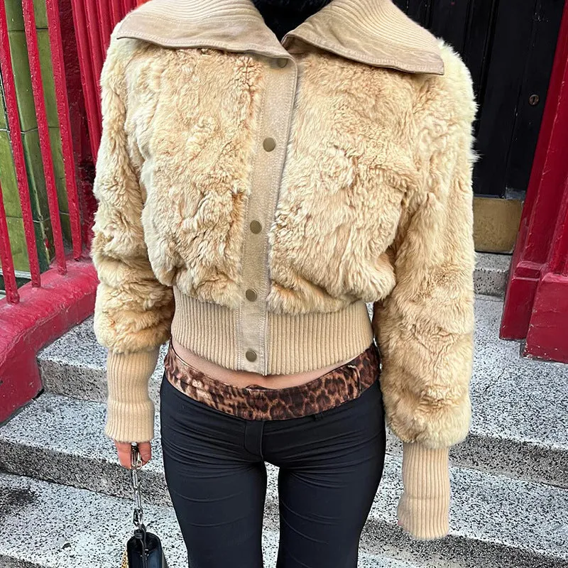 Fashionkova 2000s fashion 2024 Autumn and Winter Stitching Rib Breasted Furry Lapel Short Coat Women's Waist-Tight Cardigan Top