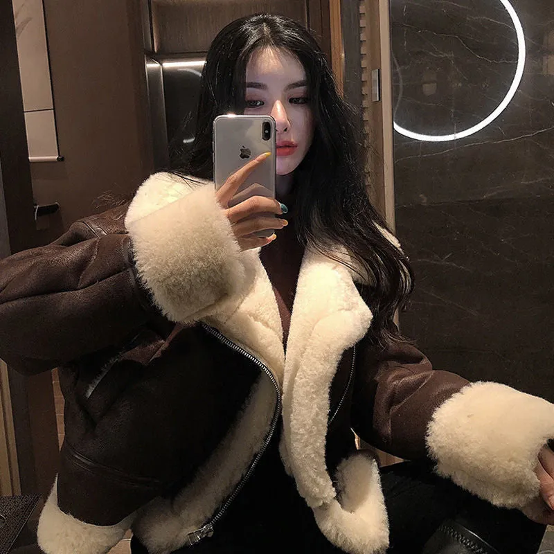 Fashionkova  pop dress to impress Lamb Fur Fur Integrated Motorcycle Clothing Pu Small Leather Jacket Coat for Women Autumn and Winter Fleece-lined Thickened Korean Style Short