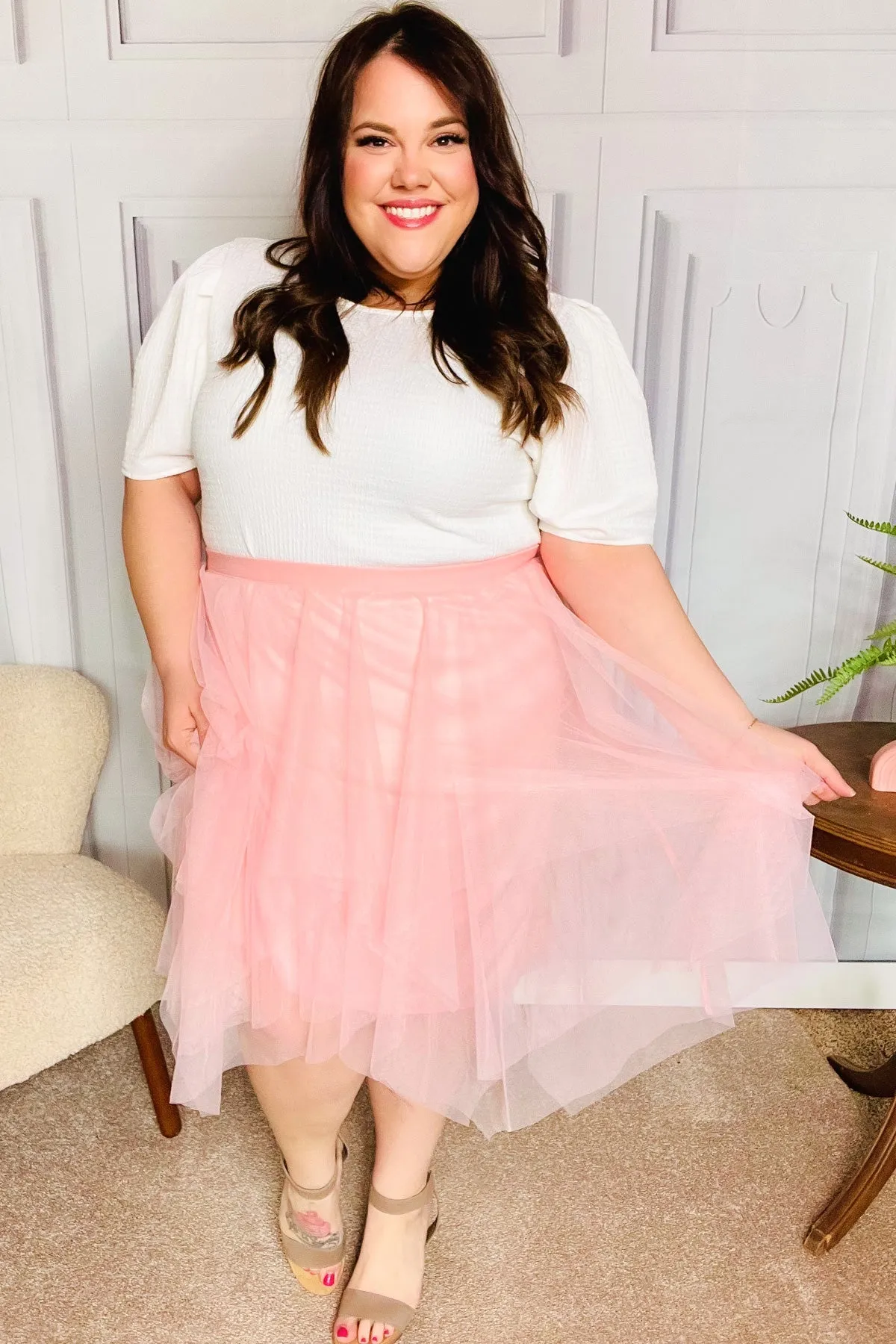 Feeling Femme' Blush Asymmetric Tiered Tulle Midi Skirt