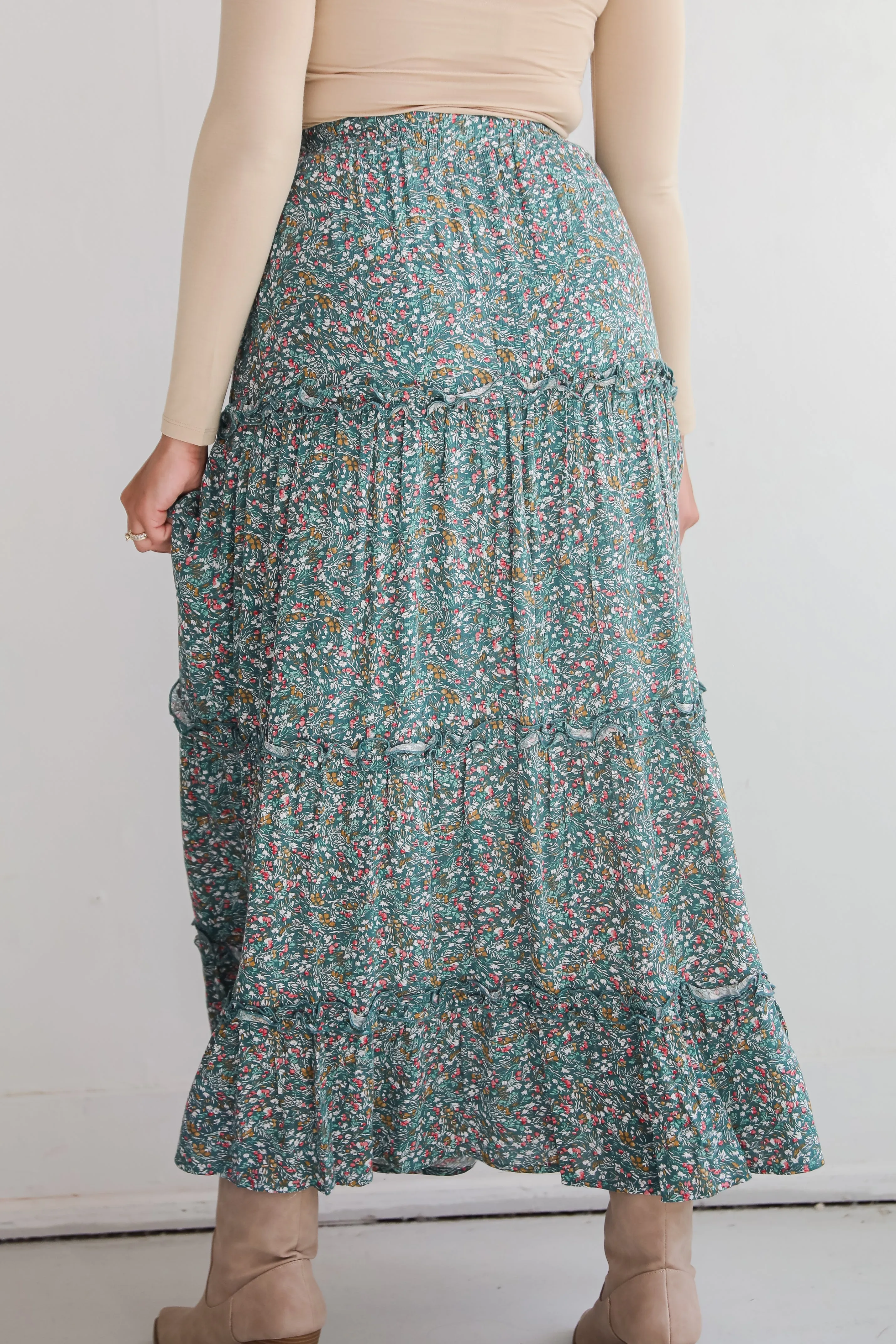 FINAL SALE - Feeling So Sweet Teal Floral Tiered Maxi Skirt