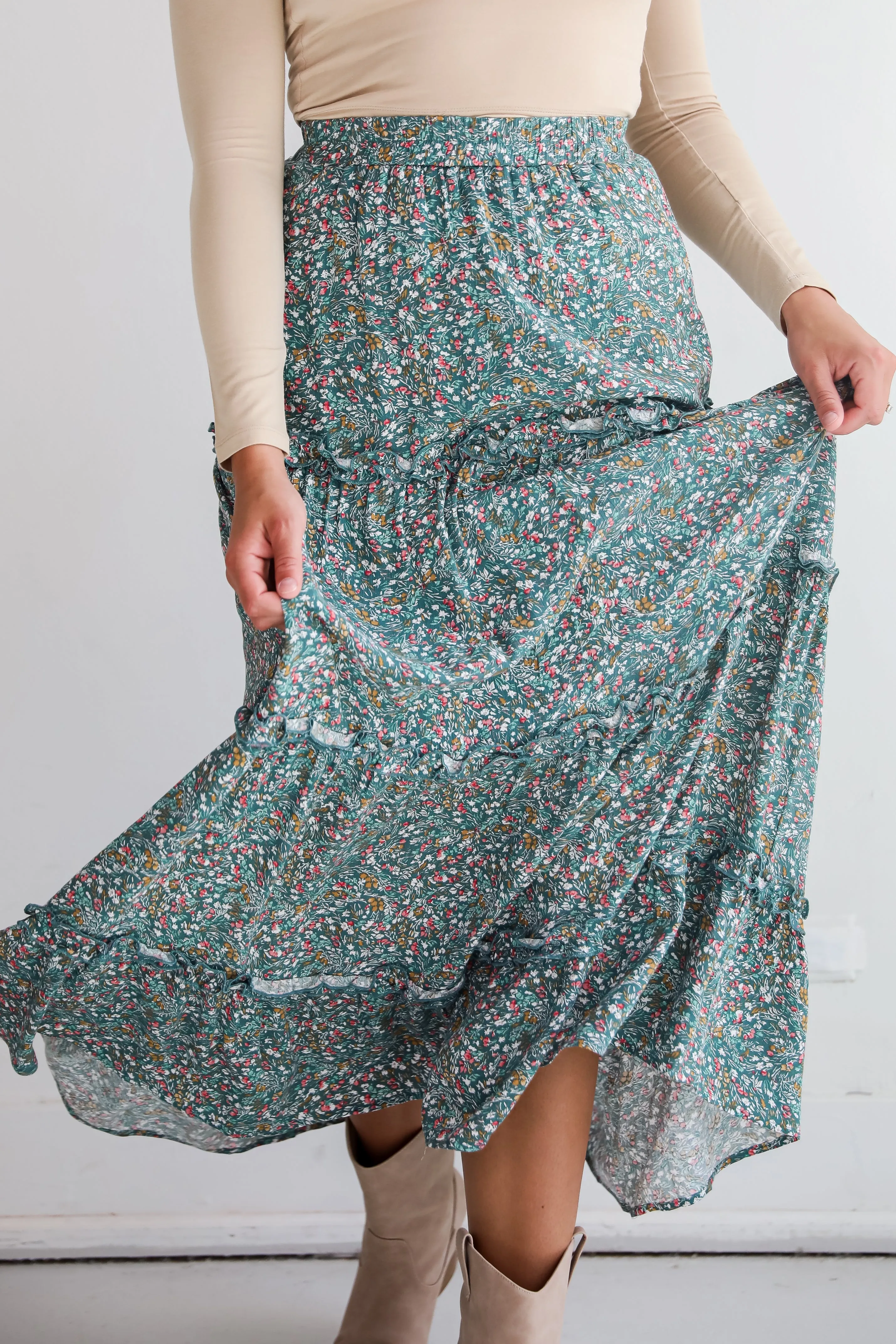 FINAL SALE - Feeling So Sweet Teal Floral Tiered Maxi Skirt