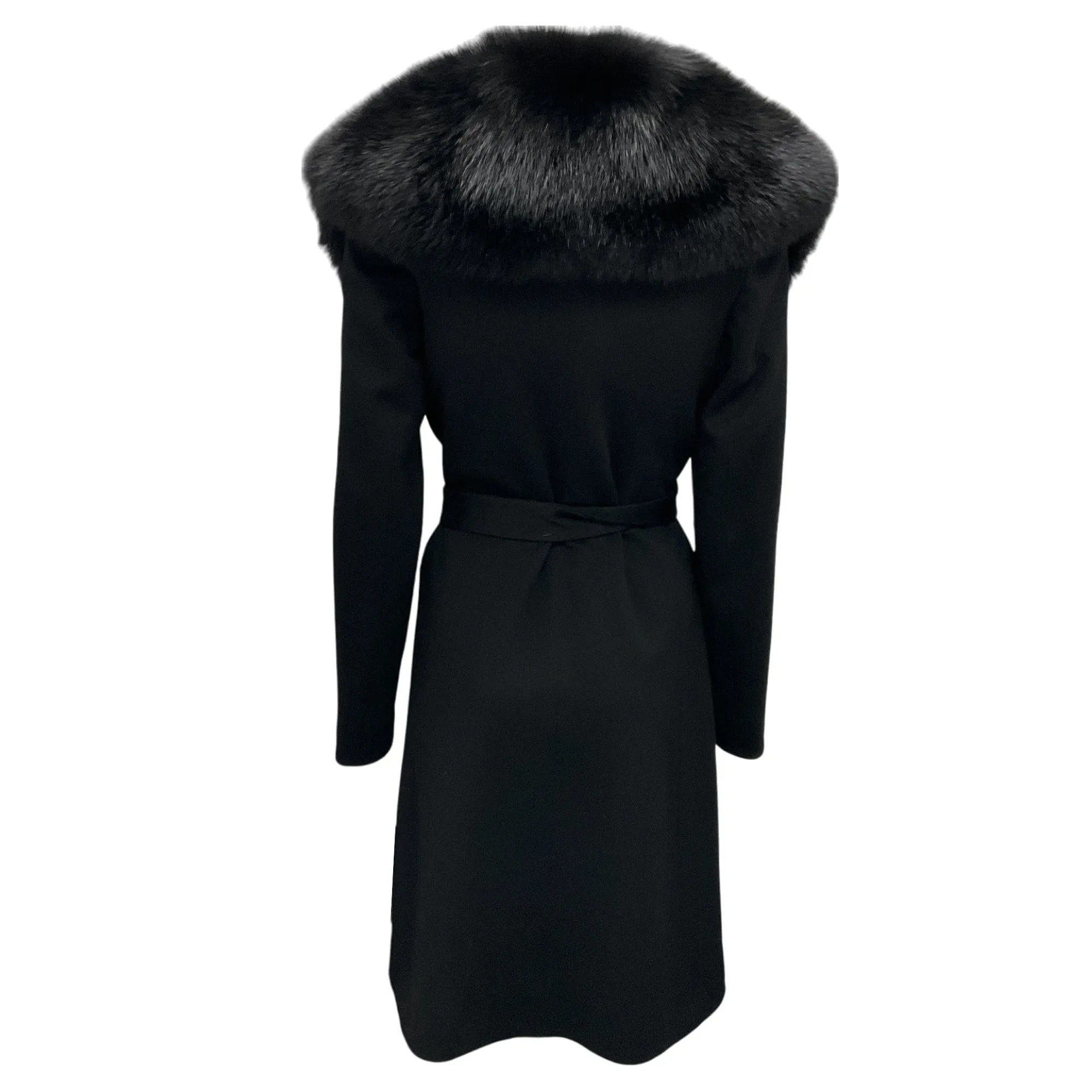 Fleurette Black Fox Fur Collared Belted Wool Coat