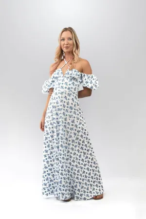 Floral Milkmaid Maxi Dress in White and Blue