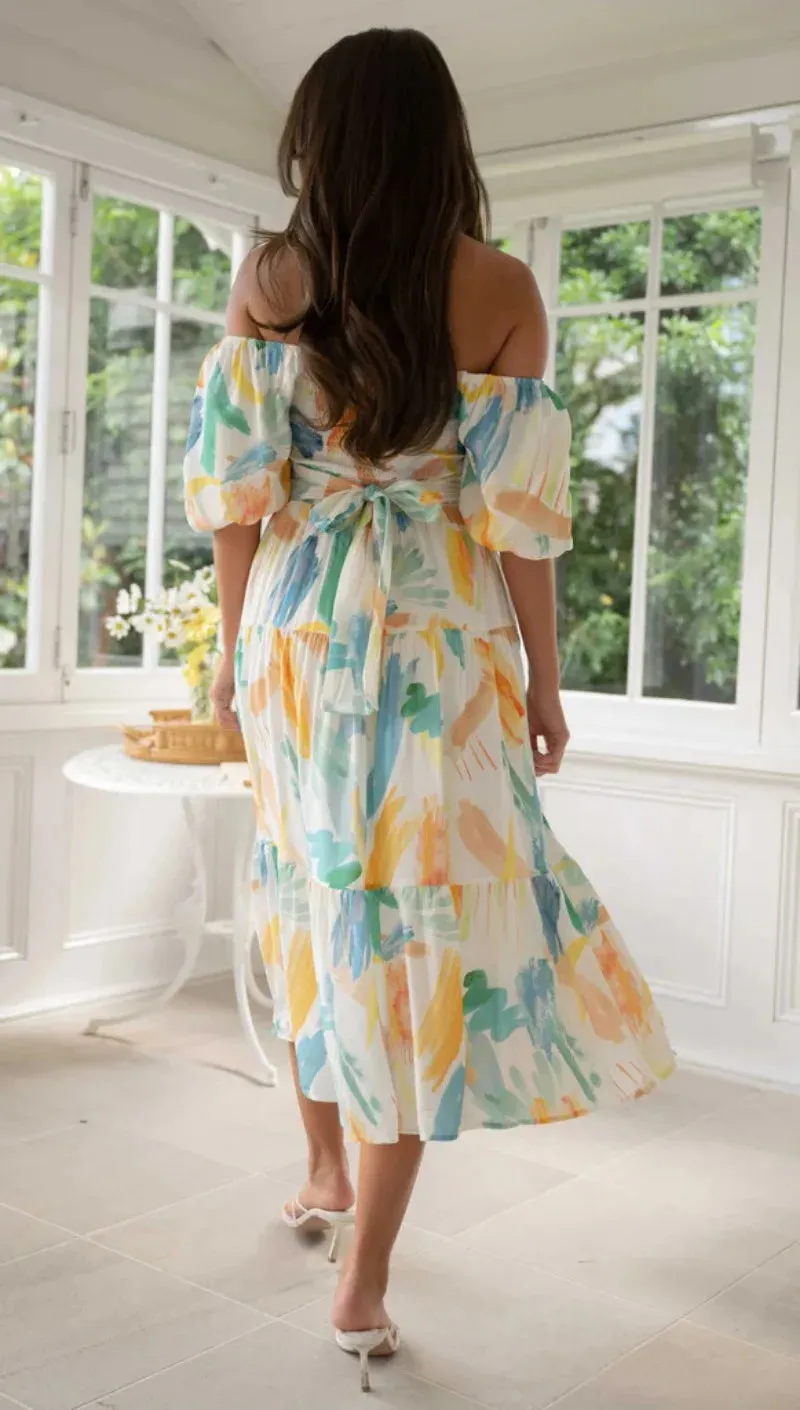 Floral Print Summer 2024 Square Neck Puff Sleeve Midi Dress