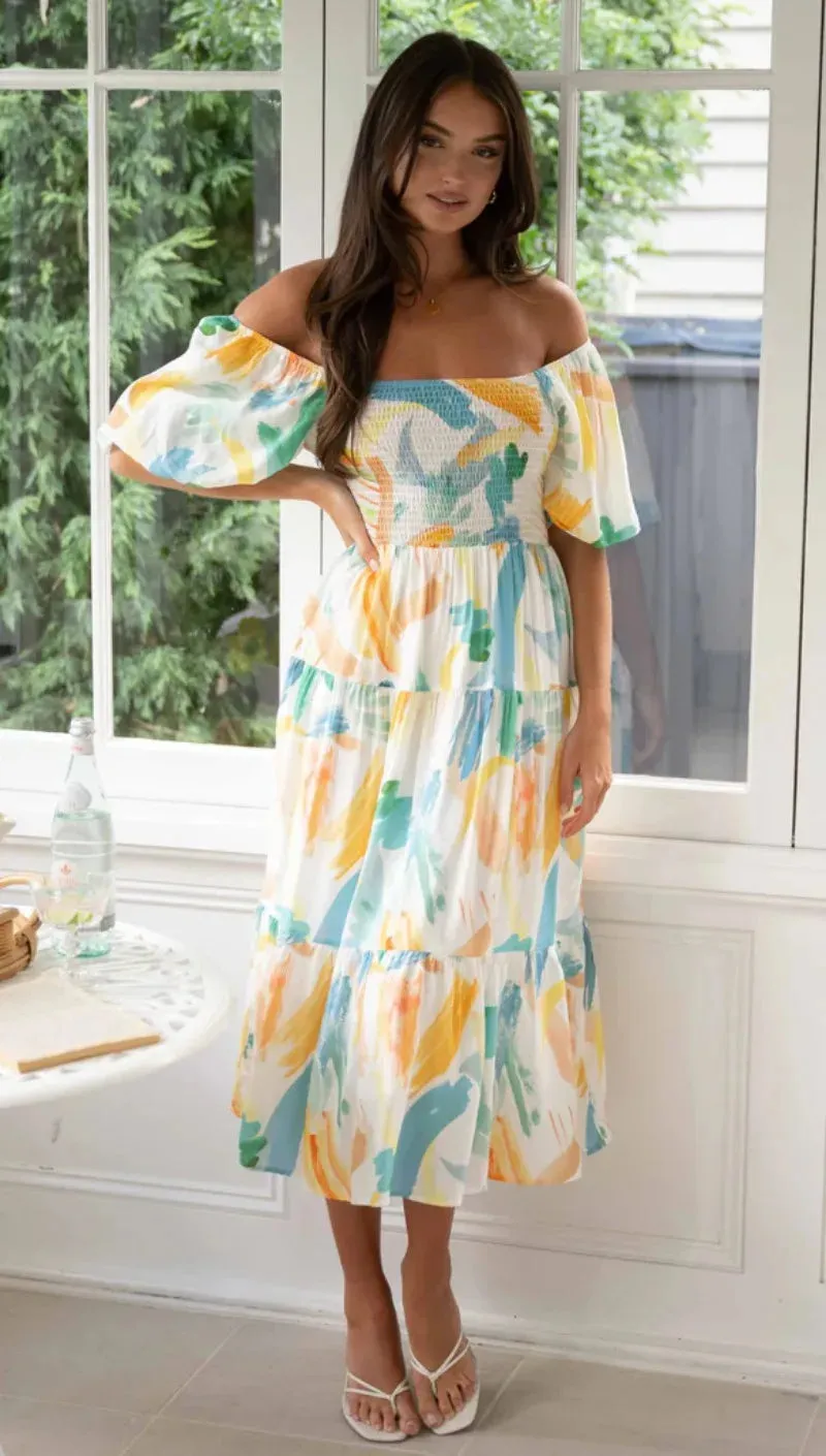 Floral Print Summer 2024 Square Neck Puff Sleeve Midi Dress