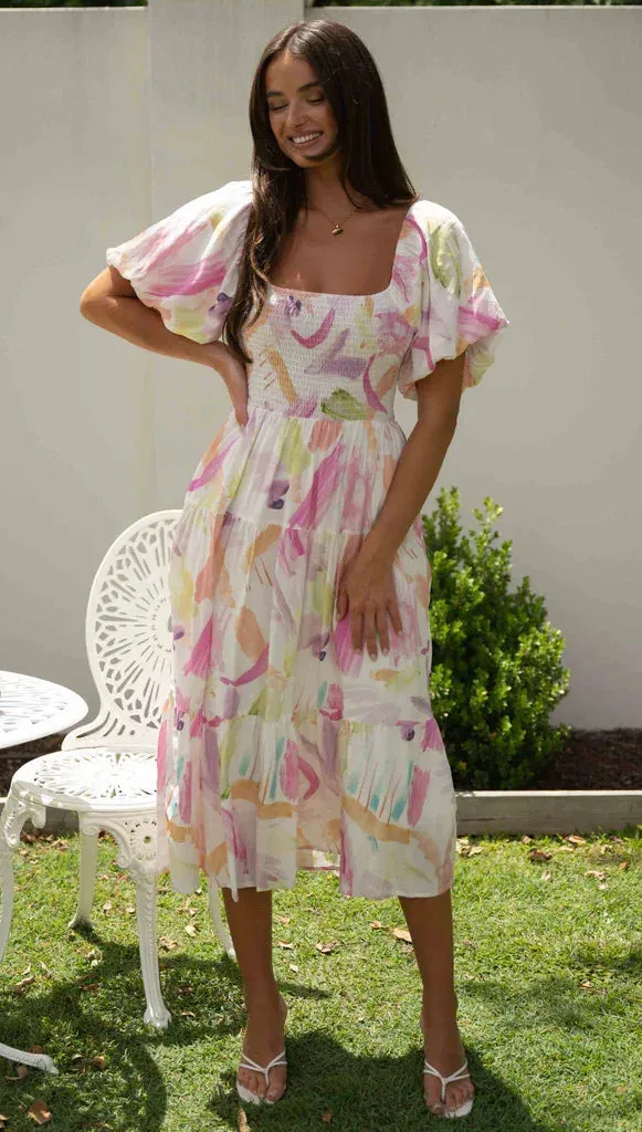 Floral Print Summer 2024 Square Neck Puff Sleeve Midi Dress