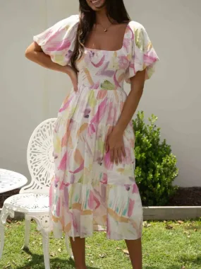 Floral Print Summer 2024 Square Neck Puff Sleeve Midi Dress