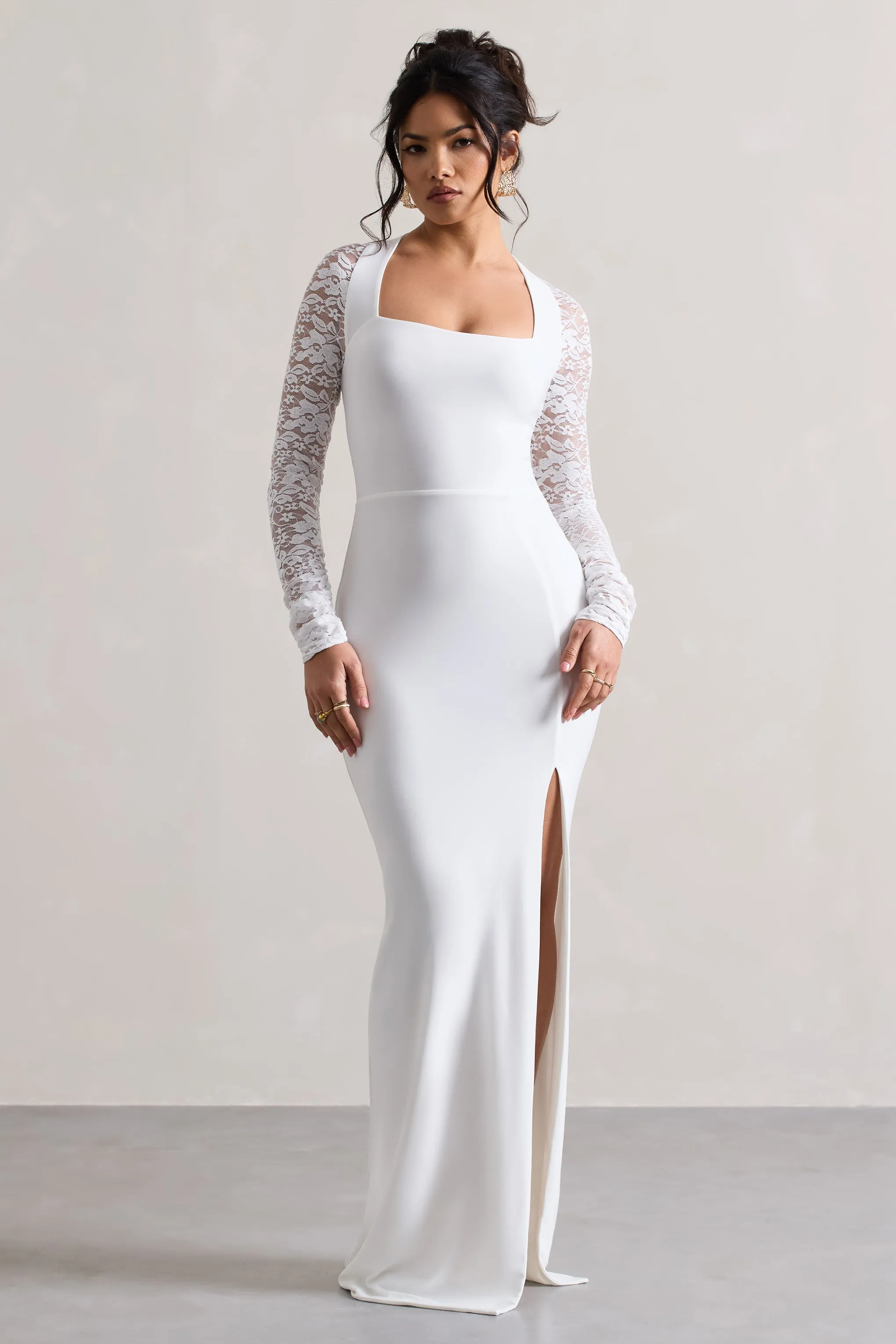 For Love | White Split Maxi Dress With Lace Sleeves