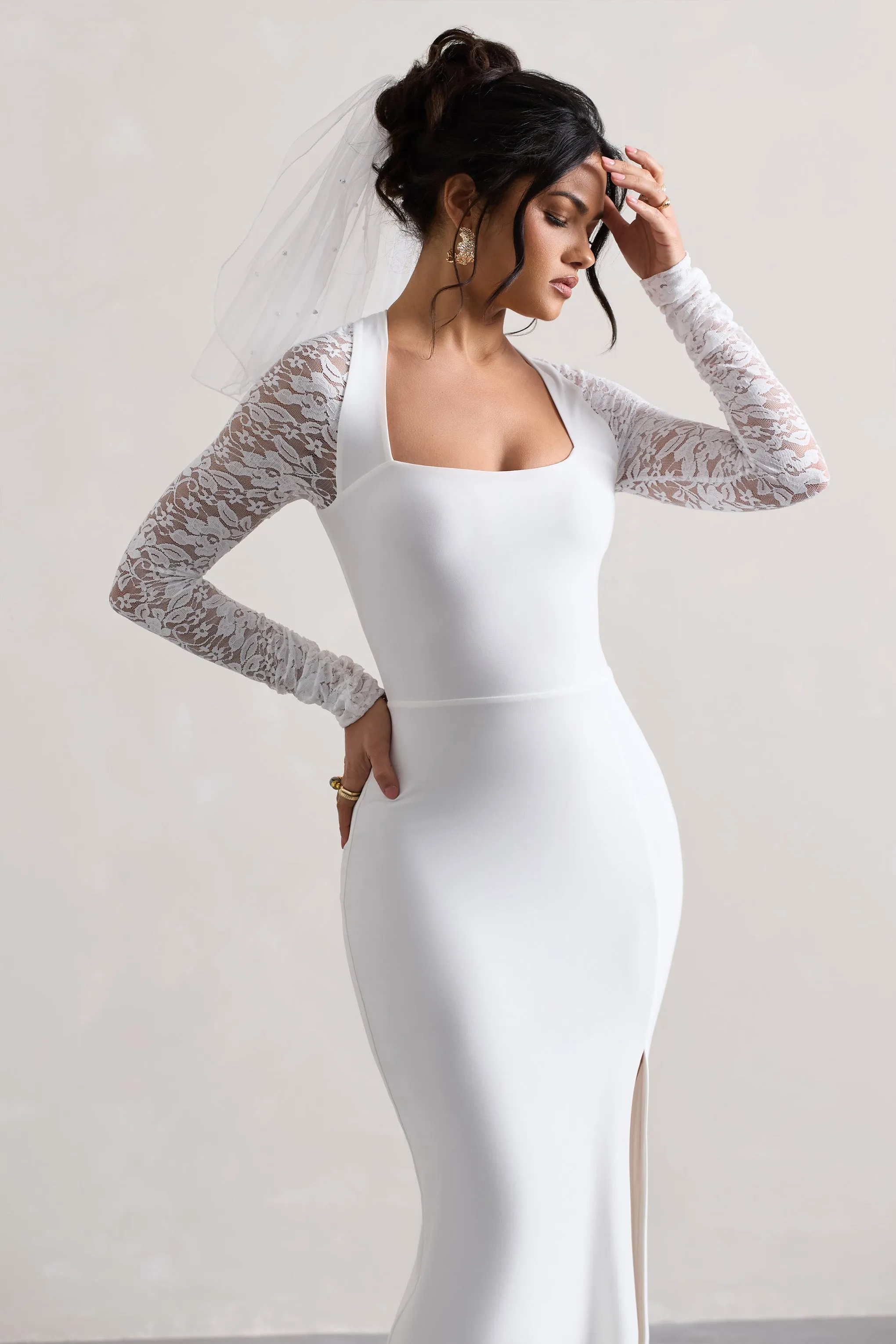 For Love | White Split Maxi Dress With Lace Sleeves