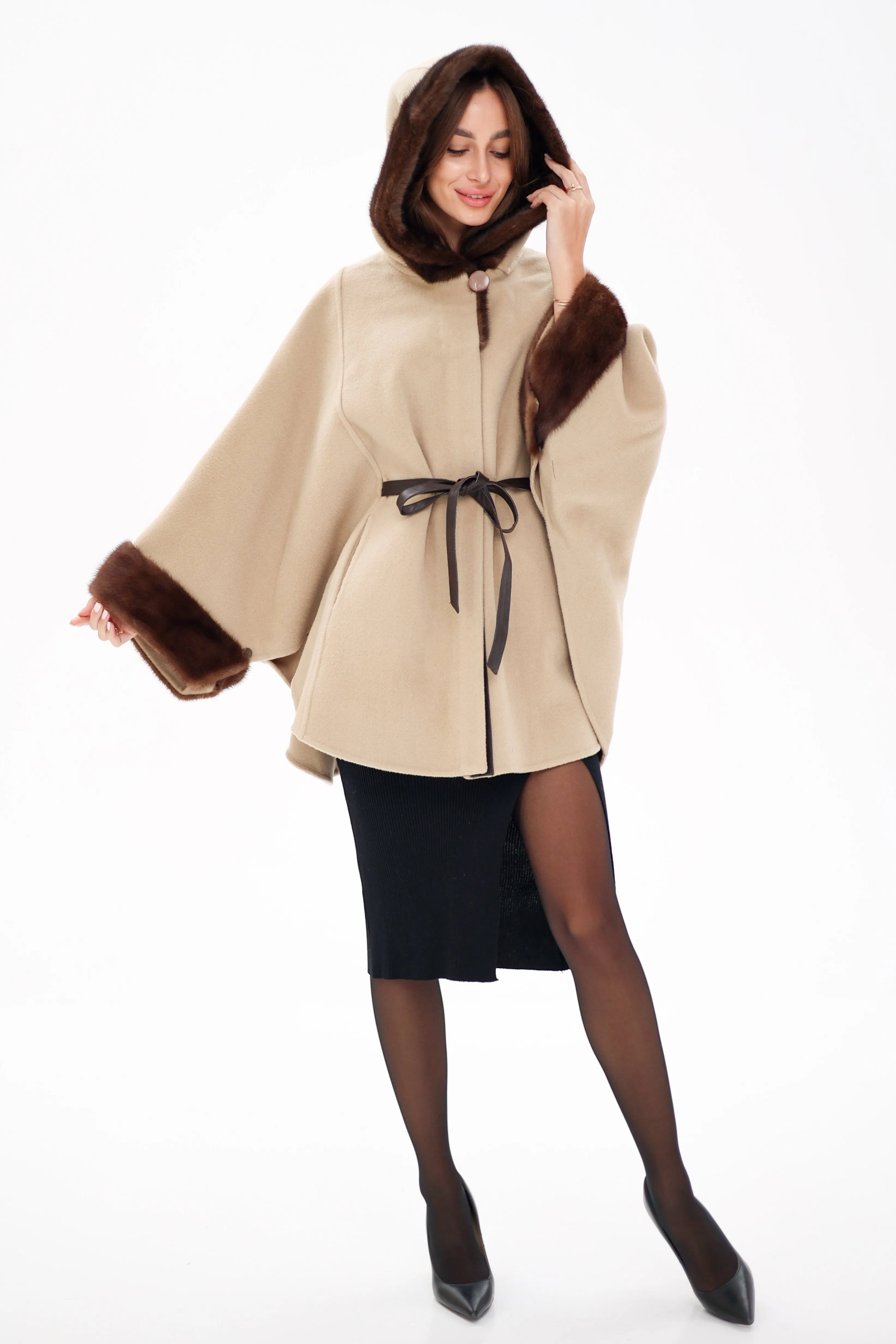 Genuine Mink Fur Double Face Wool Hooded Poncho