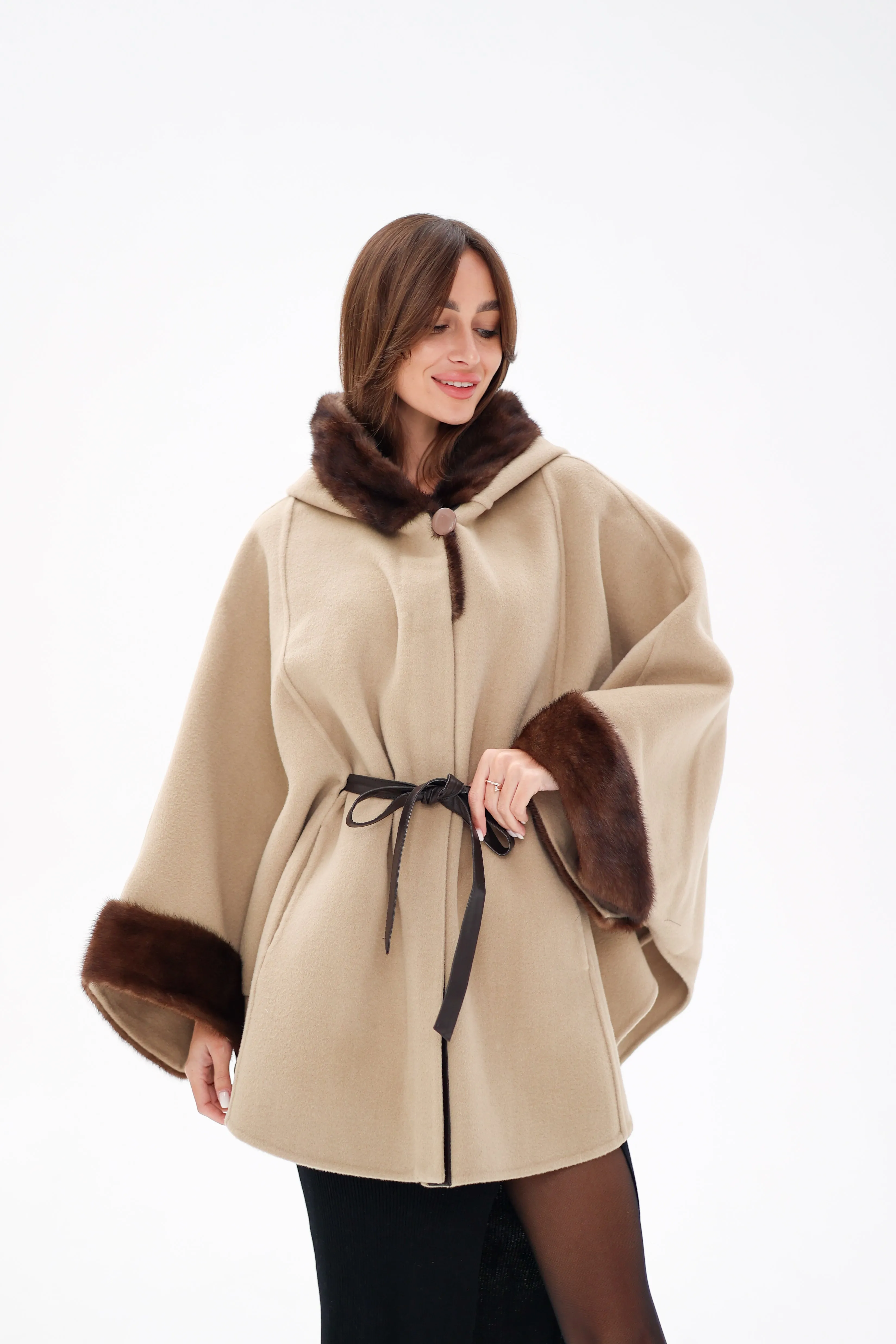 Genuine Mink Fur Double Face Wool Hooded Poncho