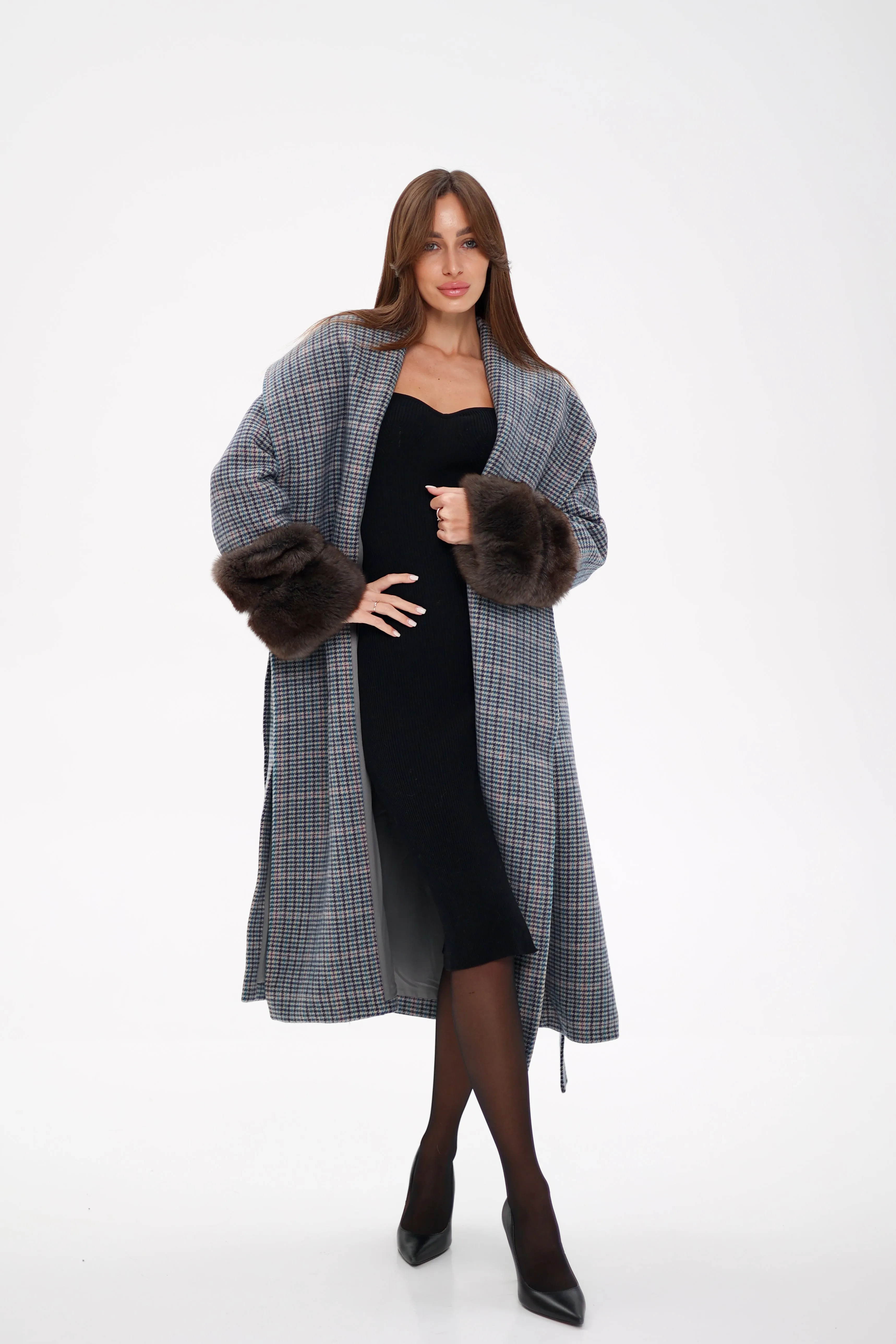 Genuine Polar Fox Fur Virgin Wool Wrap Coat