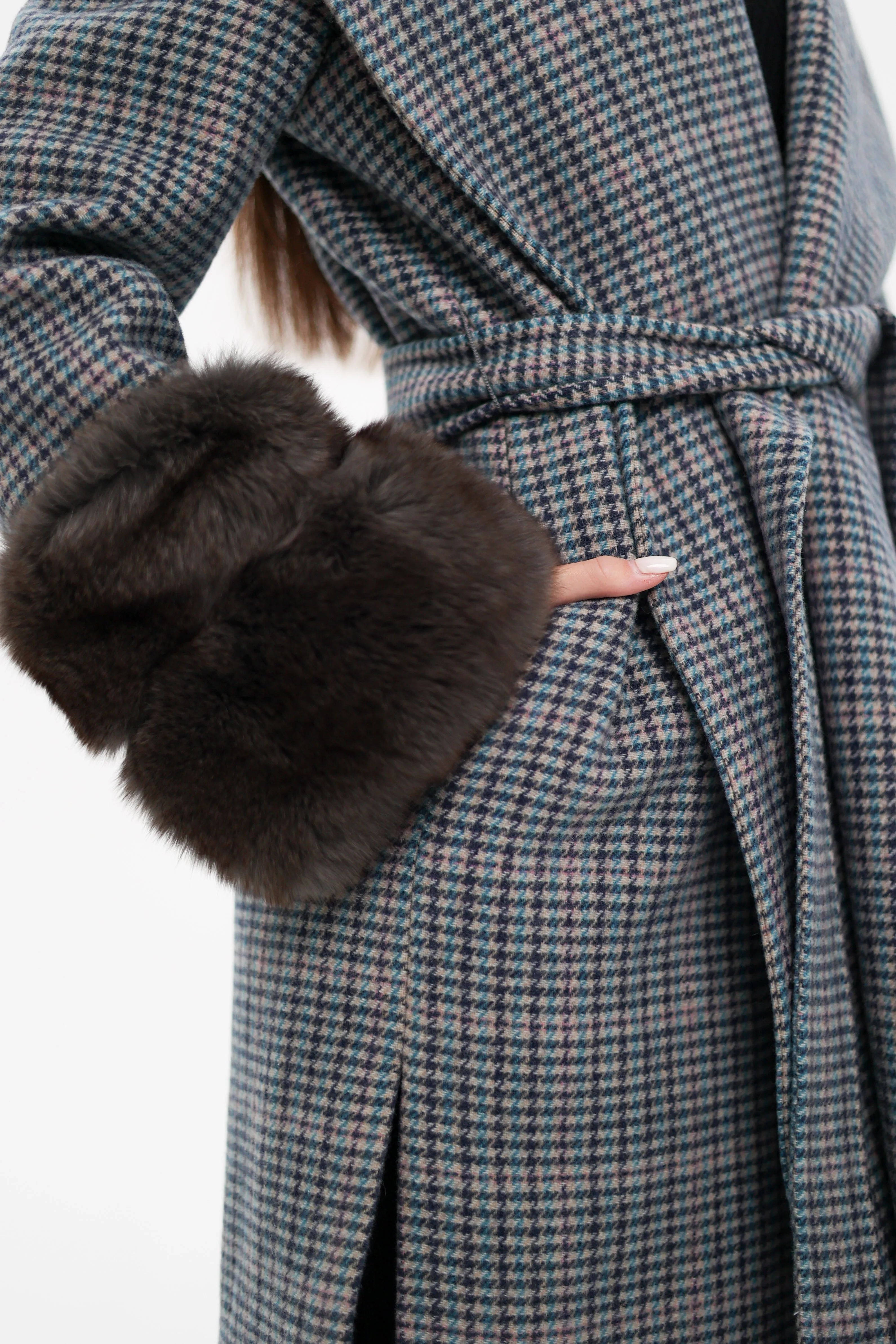 Genuine Polar Fox Fur Virgin Wool Wrap Coat