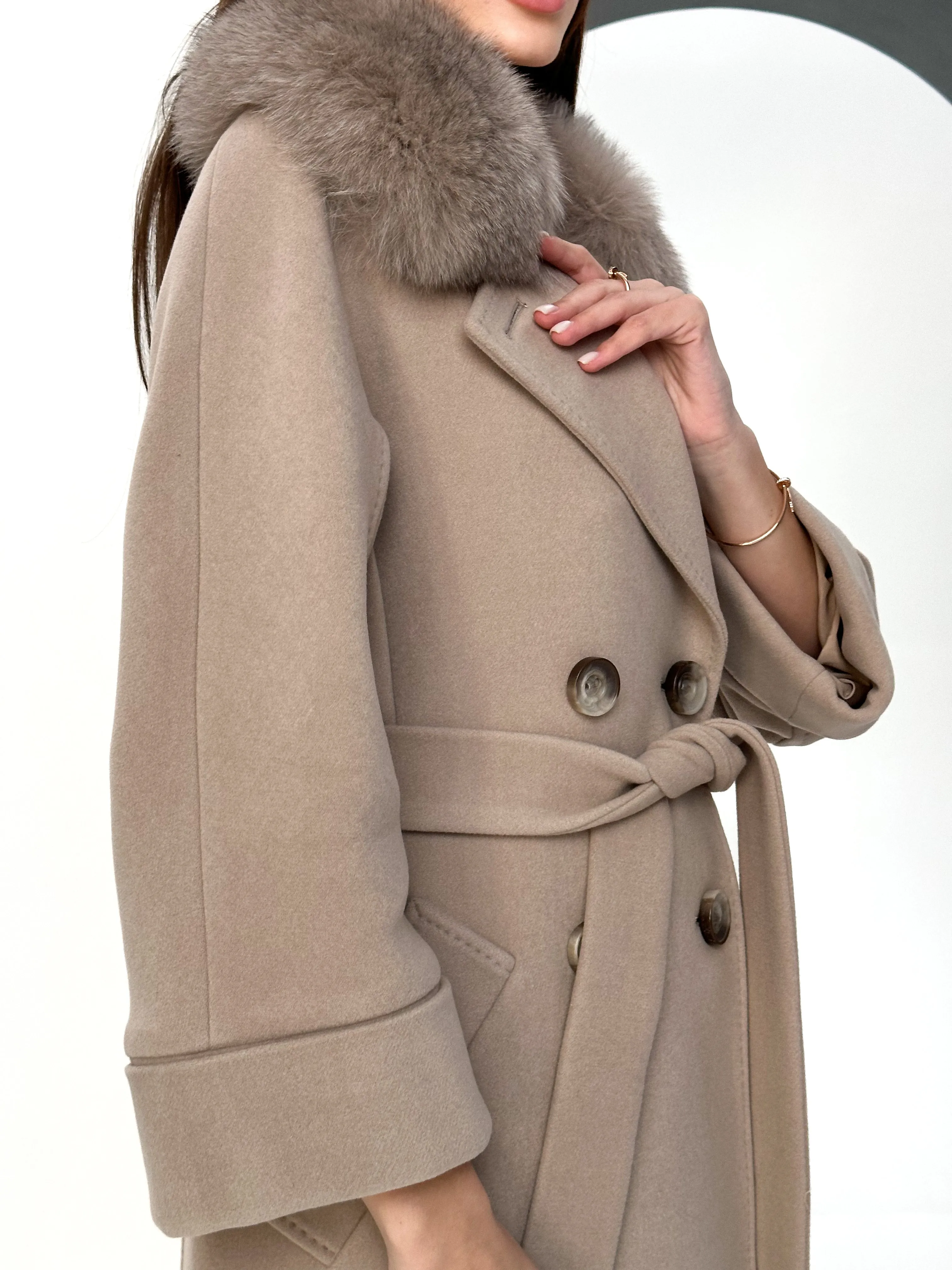 Genuine Polar Fox Tailored Cashmere-Wool Coat